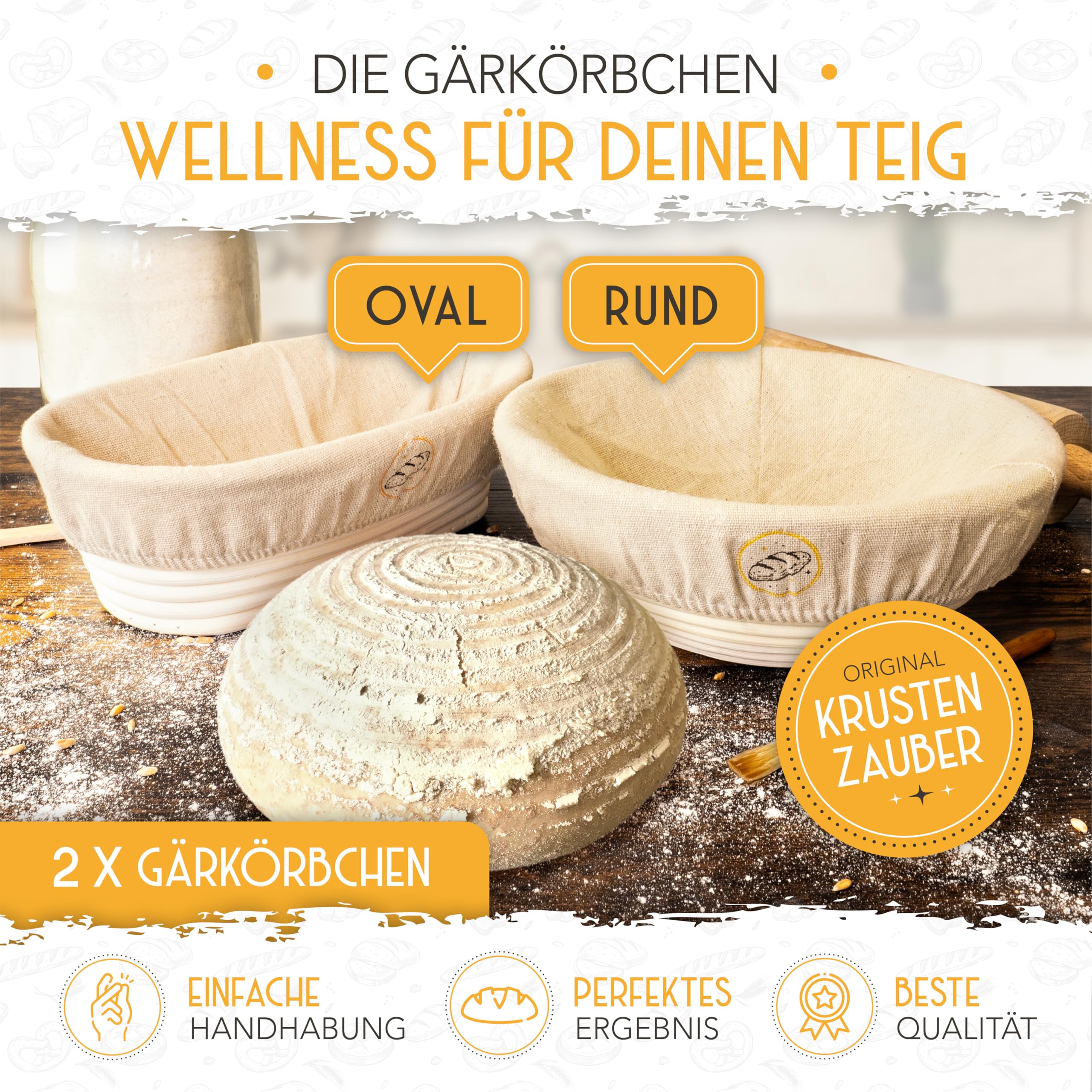 KRUSTENZAUBER 2er Set Gärkörbchen & 600ml Sauerteig Starter Set im Vorteilspack - Gärkörbe aus Rattan inkl. Gärtuch sowie Gärglas mit Spatel und Bäckermesser, Brot Backen Zubehör, Sauerteig-Glas