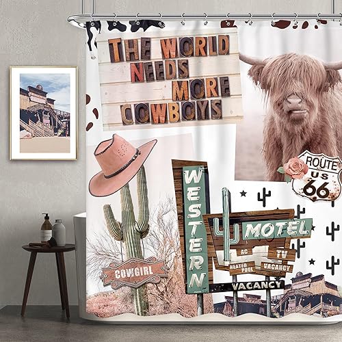 Western Highland - Cortina de ducha de vaca de 72 pulgadas de ancho x 72 pulgadas de alto, rústico, granja, divertido, cuerno largo, ganado, toro,