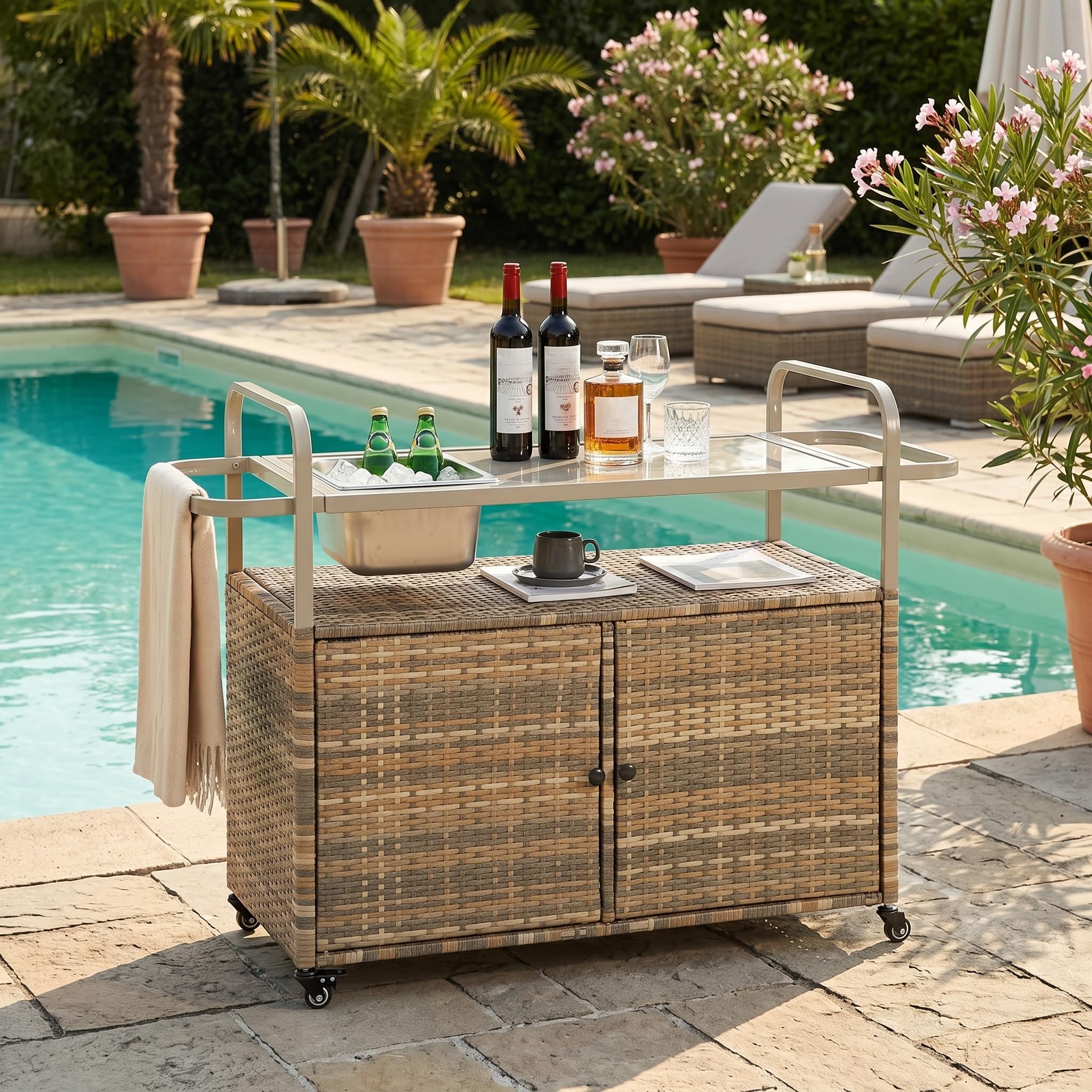 Gecheer Outdoor Bartisch mit Eiswürfelbehälter, Wetterfester Servierwagen Beistelltisch PE-Rattan, Arretierbare Rollen für Garten Terrasse Poolparty Grillabend Hinterhof, Beige