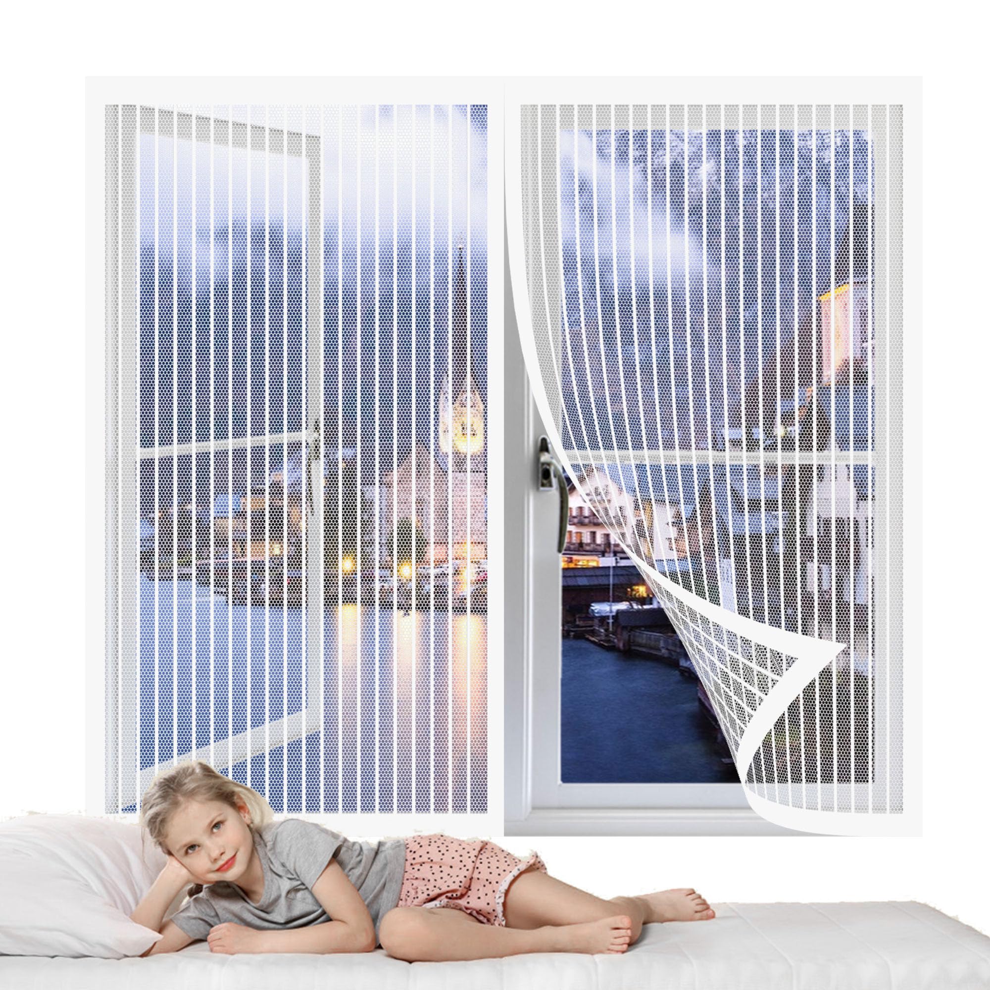 Mosquito Net Window Fly Screen 138 x 190 cm Anti Mosquito Mesh Fly Curtain Without Drilling Keep Insects Out for French Doors Sliding Glass Doors Patio, White