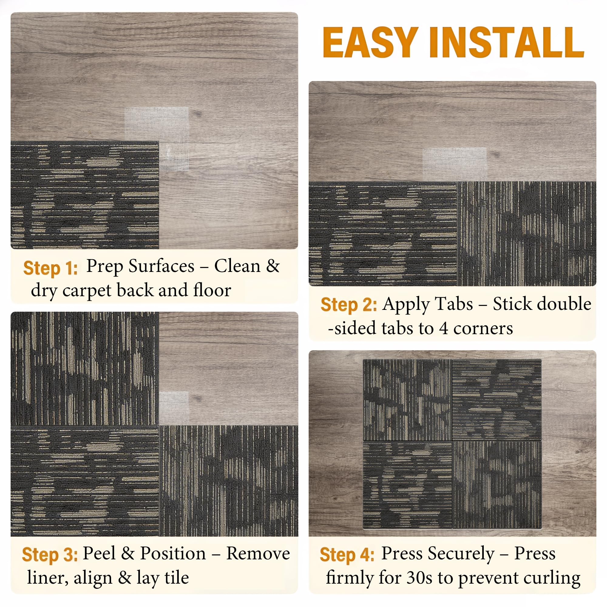 Nastro biadesivo per tappeti, 10,2 x 10,2 cm, 220 pezzi, resistente, antiscivolo, senza residui, connettori adesivi per pavimenti in legno, tappeti, scale e piastrelle
