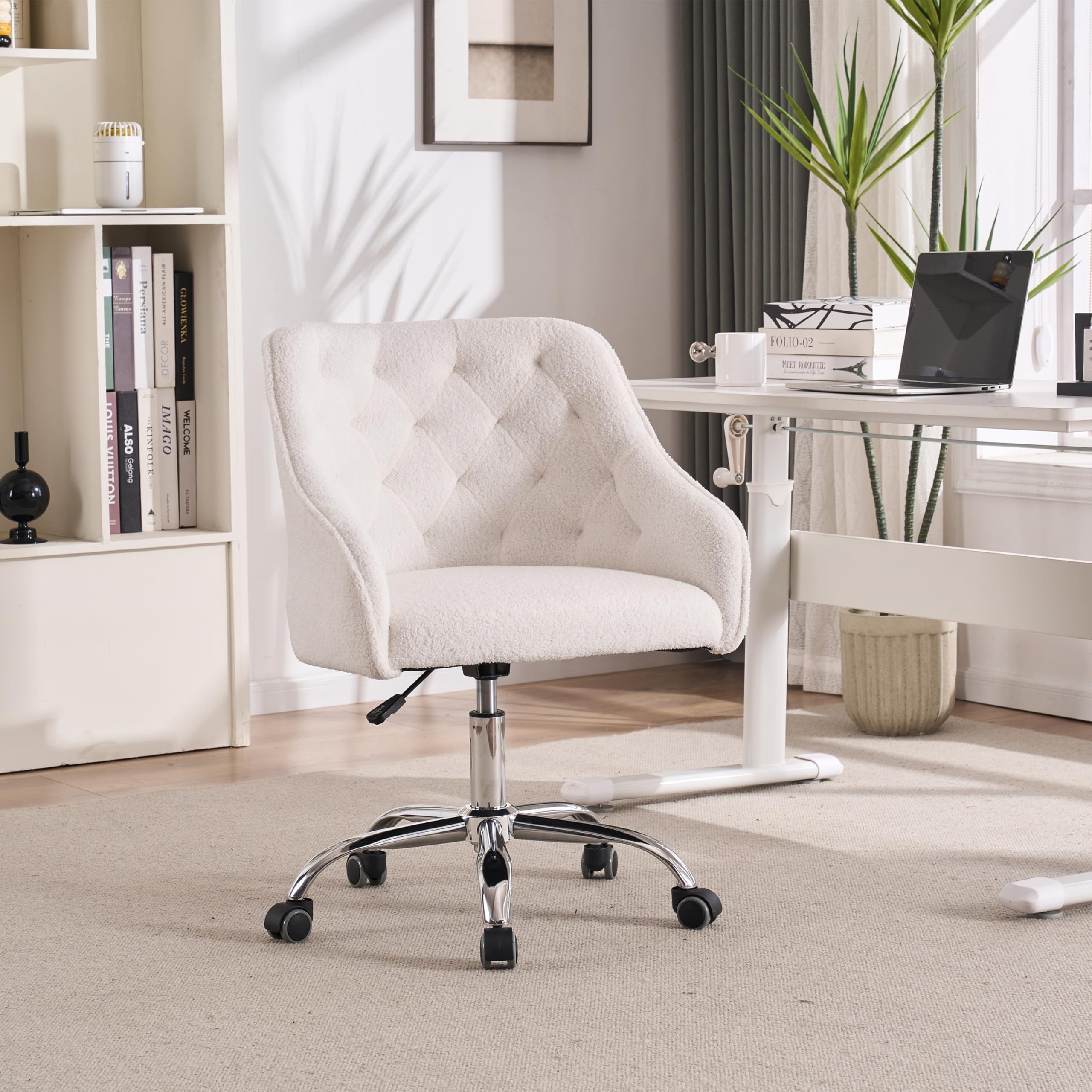 Hellove Cute Chaise Bureau Avec Roulettes, Sherpa Chaise Coiffeuse Réglable En Hauteur, Cheise De Maquillage 360°Pivotante, Tabouret Coiffeuse Fille, Enfant Pour Salon Bureau Chambre 135kg Blanc