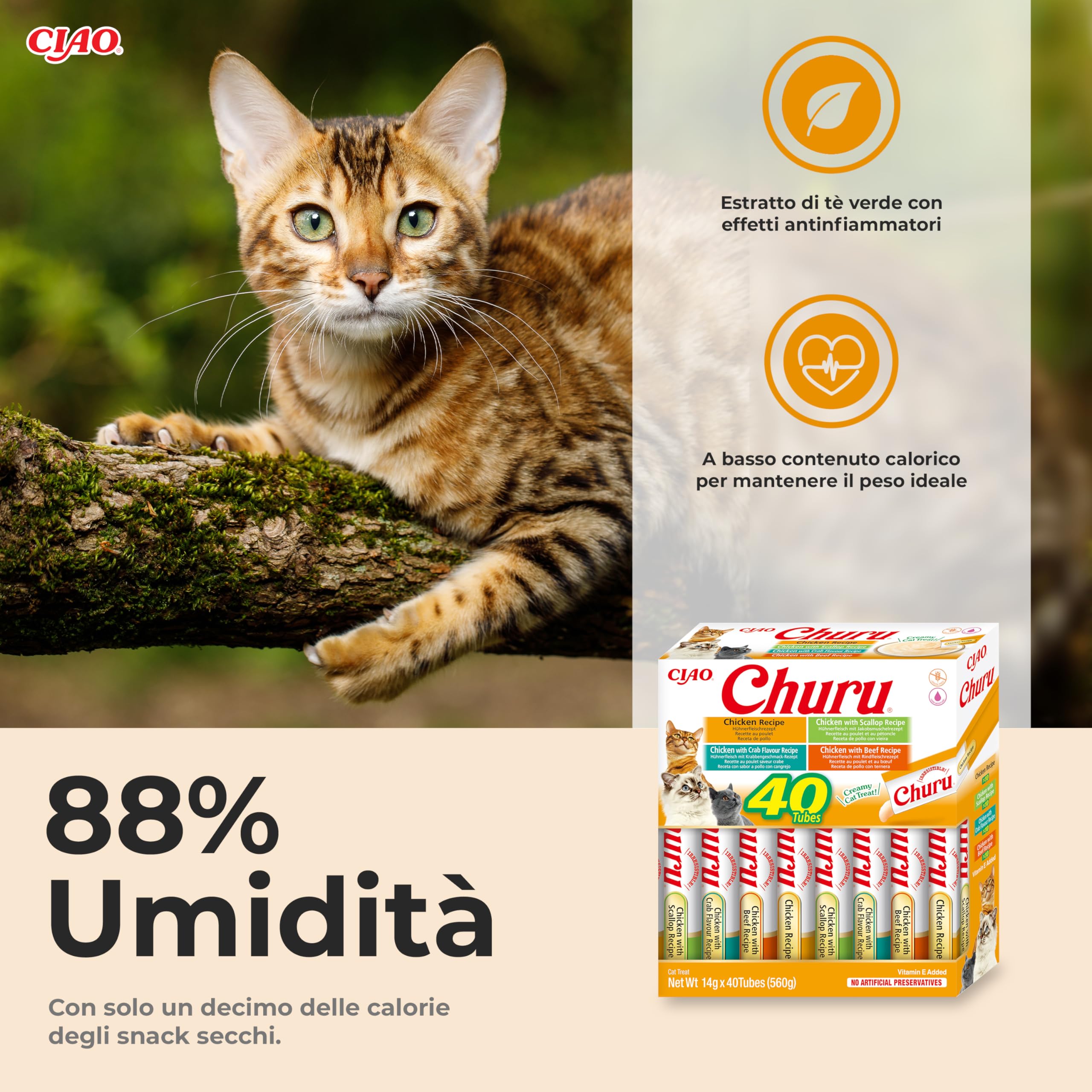 INABA Churu Snack per Gatti Cremoso in 4 Varietà al Pollo - 40 Stick x 14g - Cibo per Gatti da Leccare, Sano e Delizioso - Snack Gatto Senza Conservanti o Coloranti Artificiali, Grain-Free