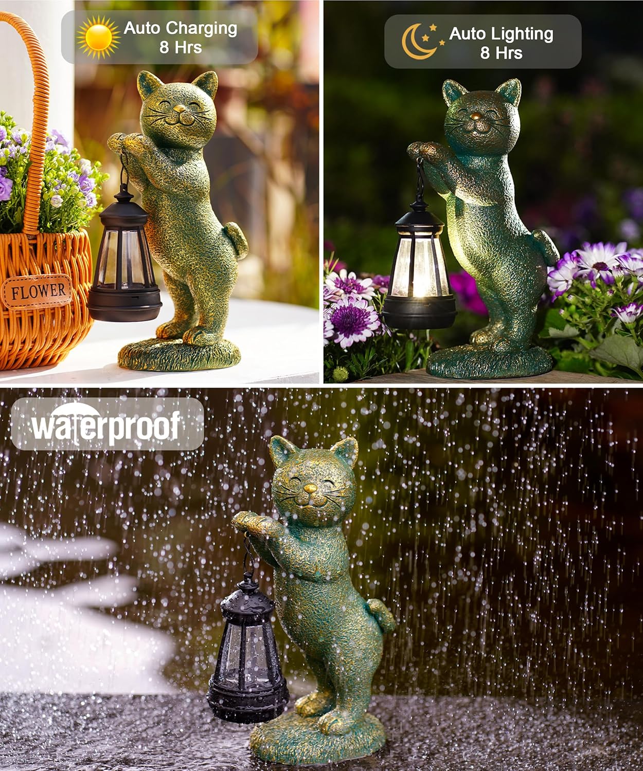 Nacome Bundle of Cat Birdbath and Cat Solar Lantern with Two Hands