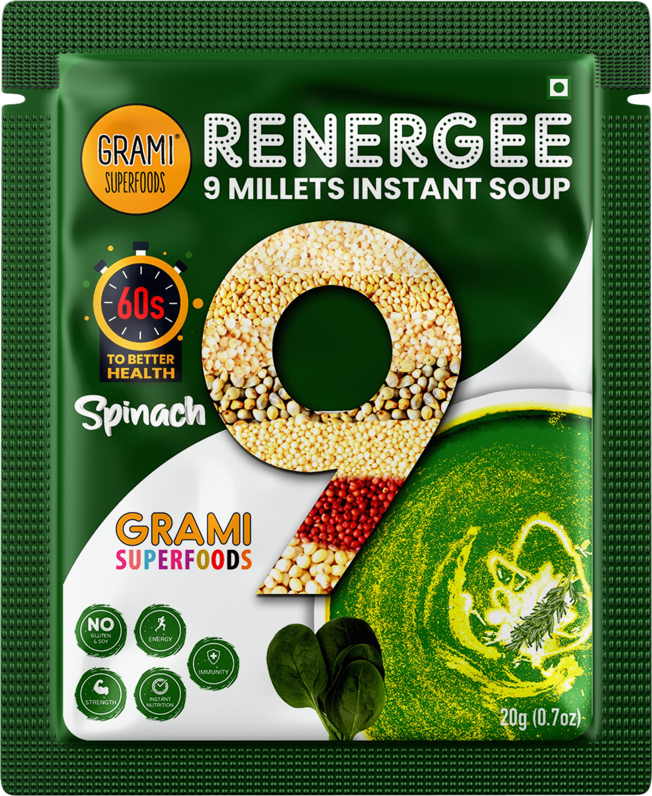 Grami Superfoods Renergee 9 Millets Instant Assorted Soup β Each Pack Contains Hot & Sour, Tomato, Lemon, Spinach, Beetroot, and Pumpkin | Gluten-Free | Healthy Instant Millet Soup Powder | Perfect for Kids and Adults | No Corn Starch | No Preservative | No MSG | Low GI | Nutrient-Rich | High Fiber | Instant Energy Booster | Weight Loss Management | Diabetic Friendly | Vegetable Soup - Pack of 12( 240g ) 1