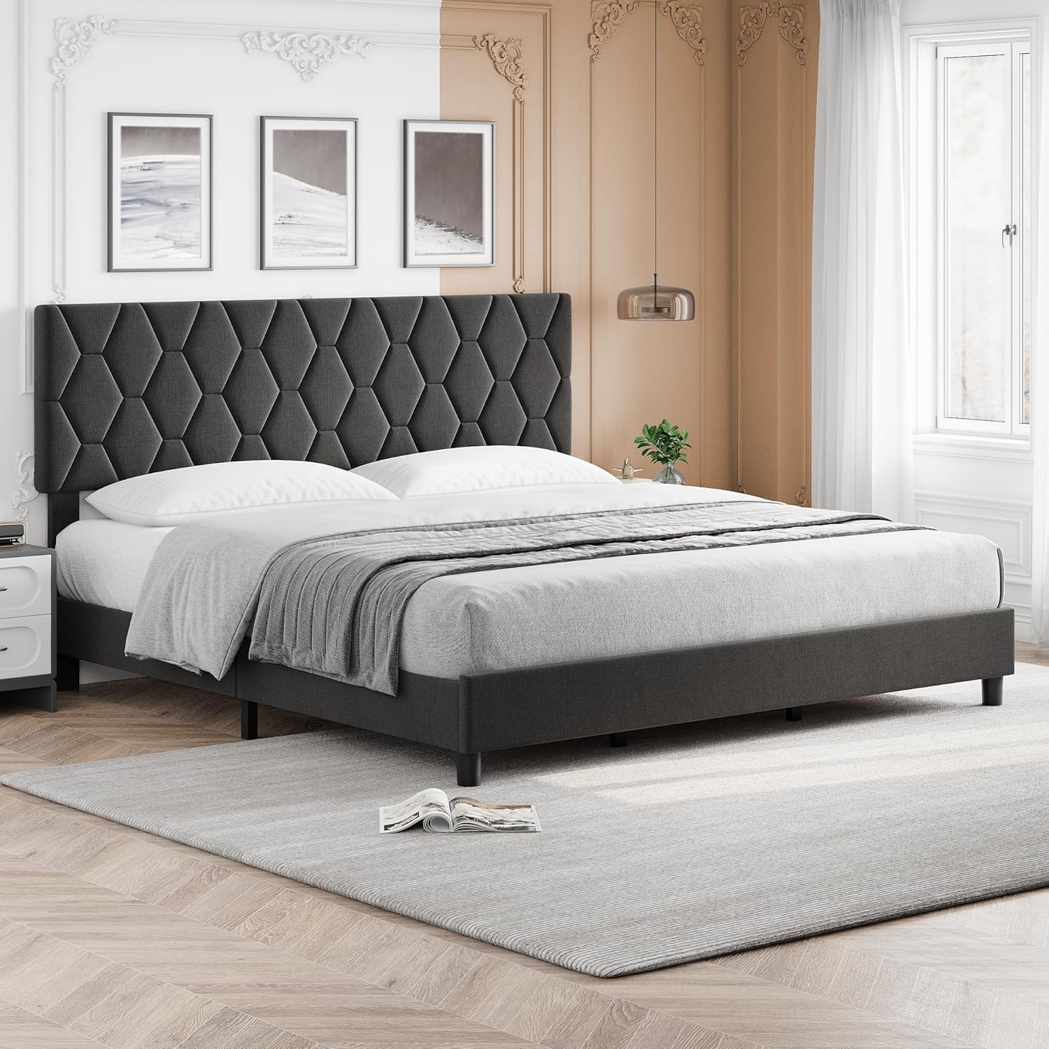 IDEALHOUSE King Bed Frame Upholstered Platform Bed Frame with Fabric Headboard, Ornate Diamond Bed Frame with Non-Slip and Solid Wood Slats Support, Noise Free, Easy Assembly, Grey (King)