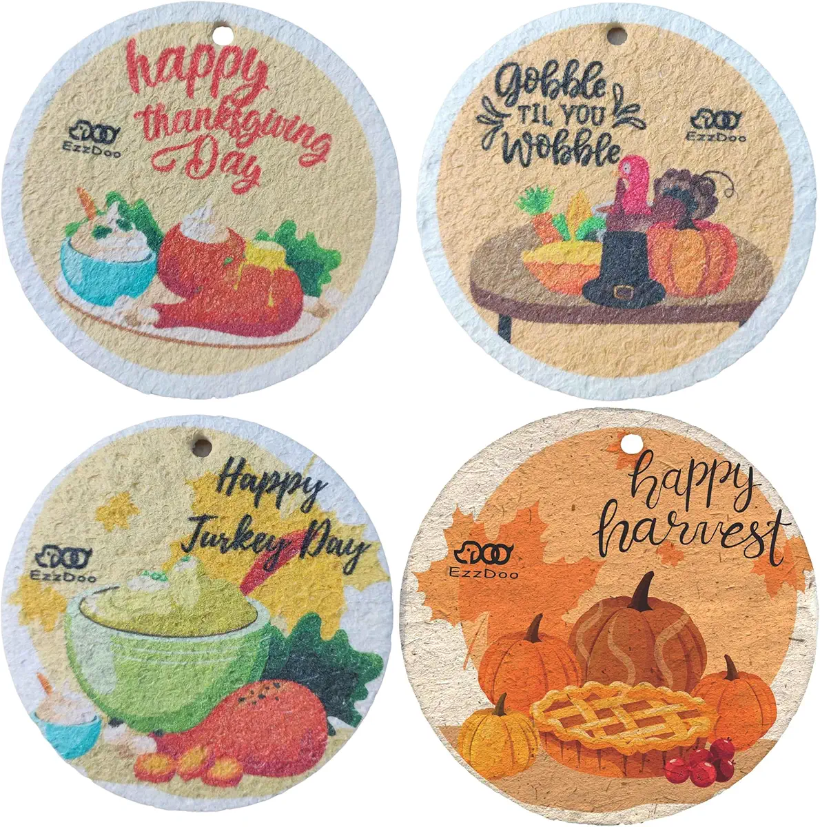 EzzDoo Thanksgiving Day Sponges Kitchen - 4 Packs of Dish Sponges for Washing Dishes - Compressed Cellulose Natural Scrub Sponges Good for Dish Cleaning Non Scratch&amp;No Odor&amp;Compostable(Thanksgiving,4)