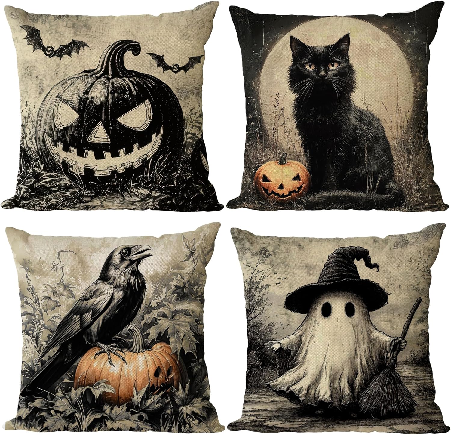 YeeJu Set of 4 Halloween Pillow Covers 26x26 Inch Cute Ghost Pumpkin Decor Throw Pillow Covers Black Plaid Happy Halloween Cushion Covers Linen Pillow Cases for Home Outdoor Sofa Couch (26 by 26)
