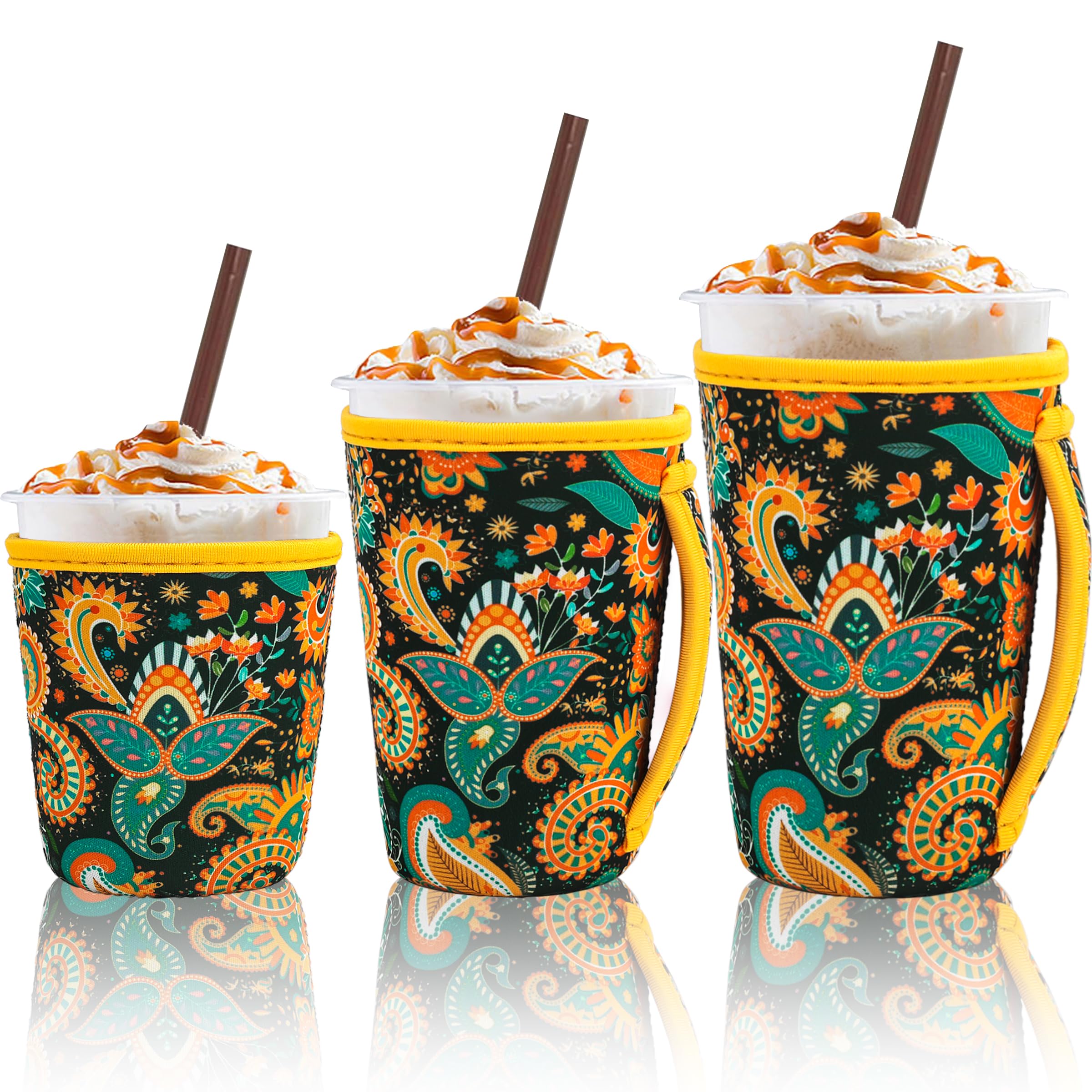 3Pk Reusable Coffee Sleeves, Neoprene, Floral Print Fits 16-32oz