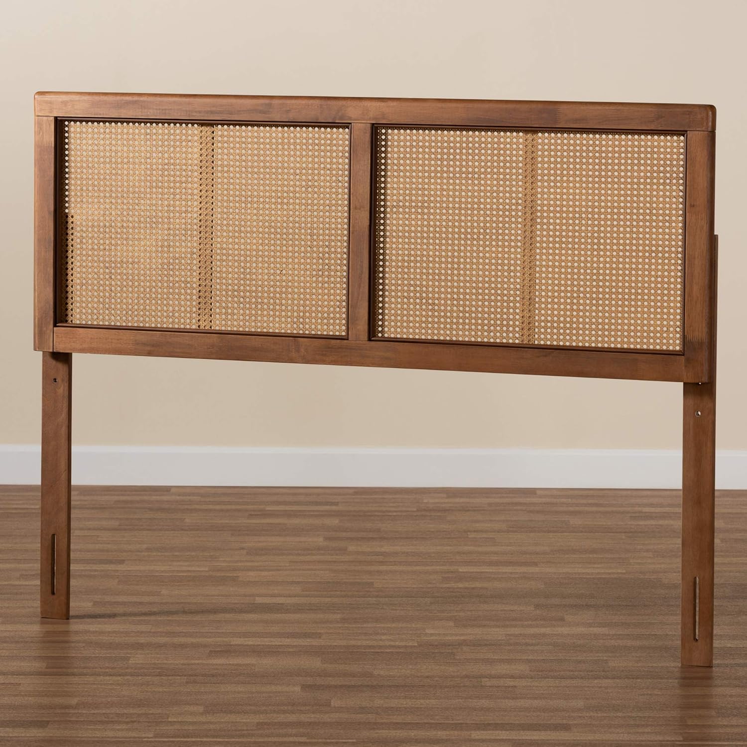 Baxton Studio Gilbert Mid-Century Modern Ash Walnut Finished Wood and Synthetic Rattan Queen Size Headboard