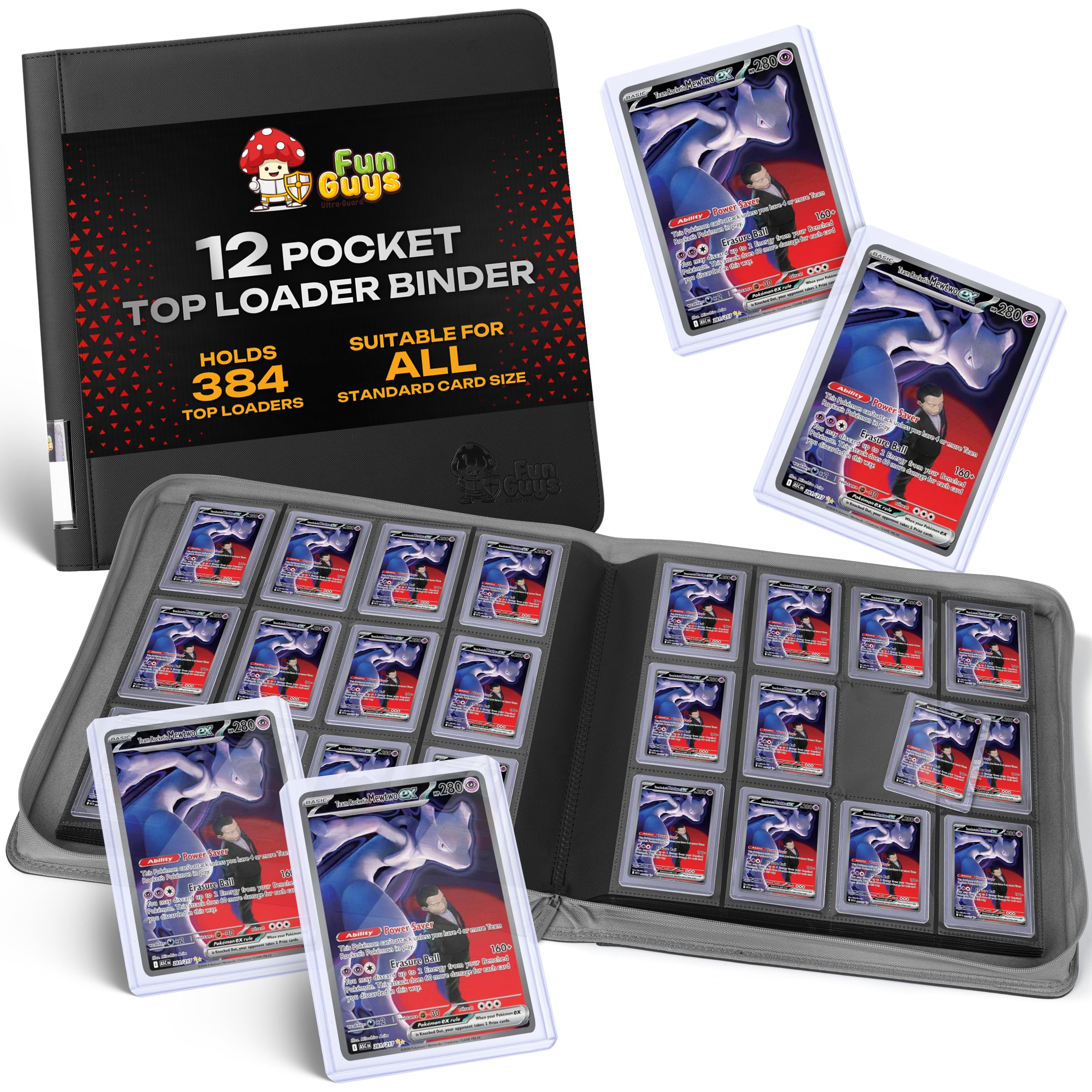 FunGuys Toploader Binder 12 Pocket – 384 Card Trading Card Album with Zipper, Side Loading Storage for Pokémon, Sports Cards & TCG Collection