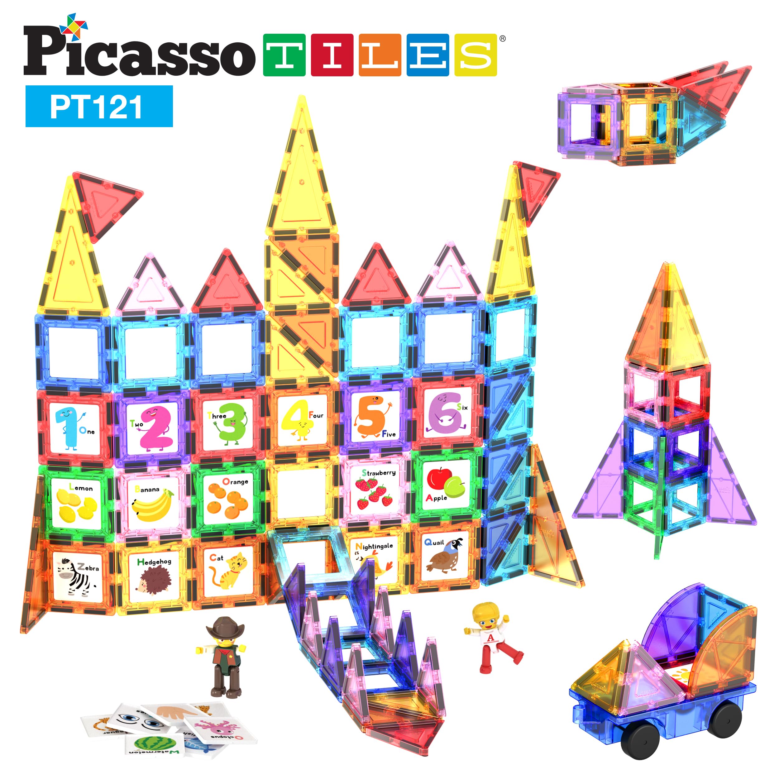 PicassoTiles 121pc Master Builder Magnetic Building Block Construction Set Blocs de tuiles aimantées avec Camion de Voiture, 2 Figurines d'action de caractère, 28 Animaux de l'alphabet éducatif