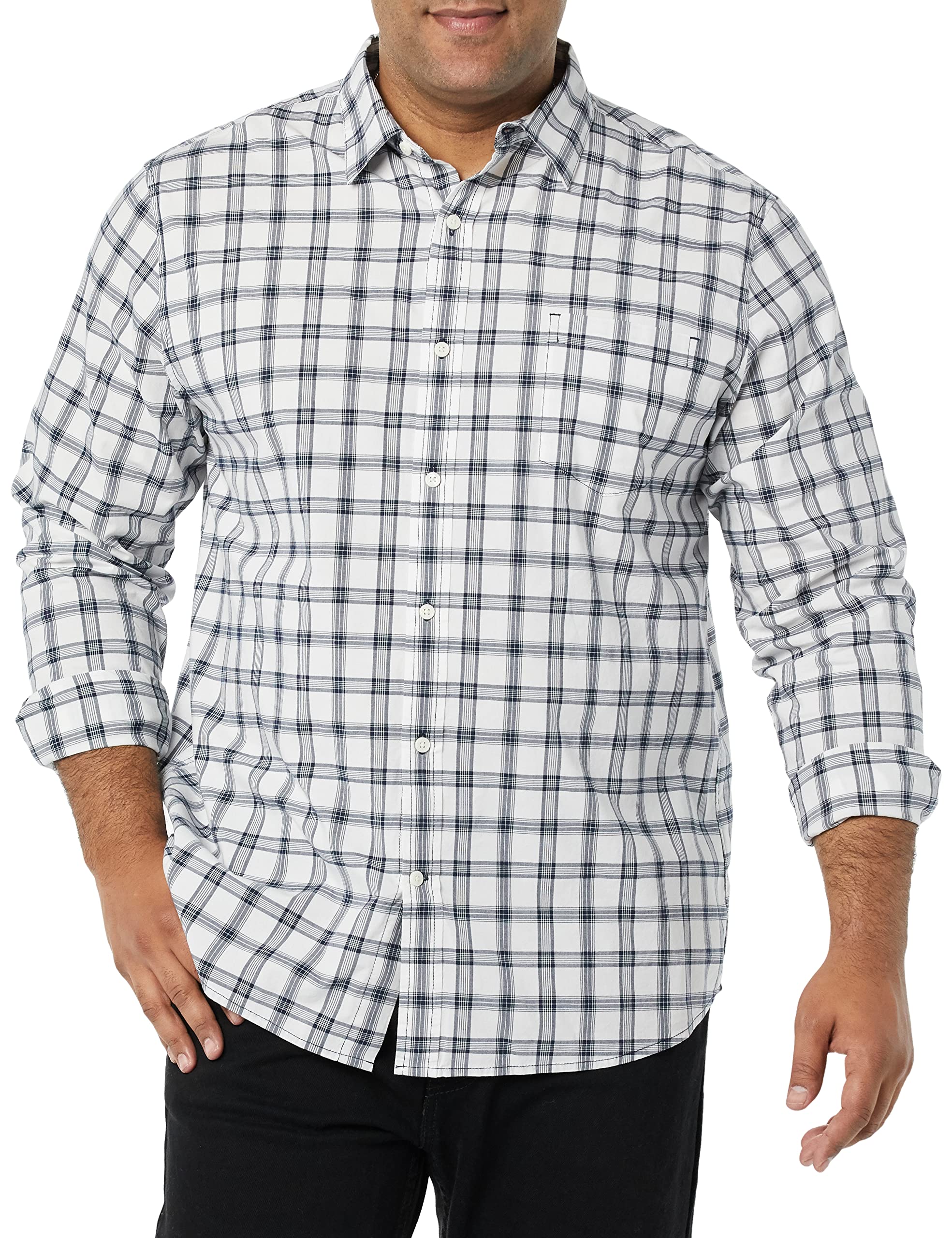 Amazon Essentials Herren Langärmeliges Business Hemd aus Popeline Normale Passform, Marineblau Weiß Karomuster, XS