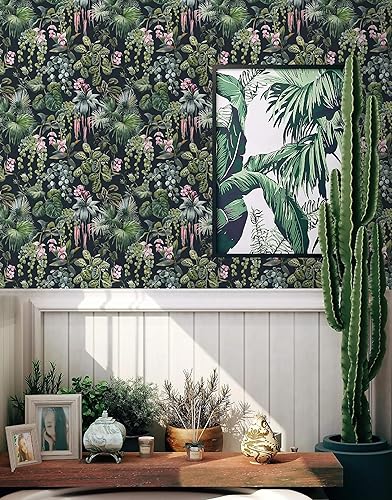 Miniatura 7 de Ismoon Papel tapiz verde para despegar y pegar, papel de contacto tropical negro/verde/rosa, hojas de selva para despegar y pegar, extraíble,