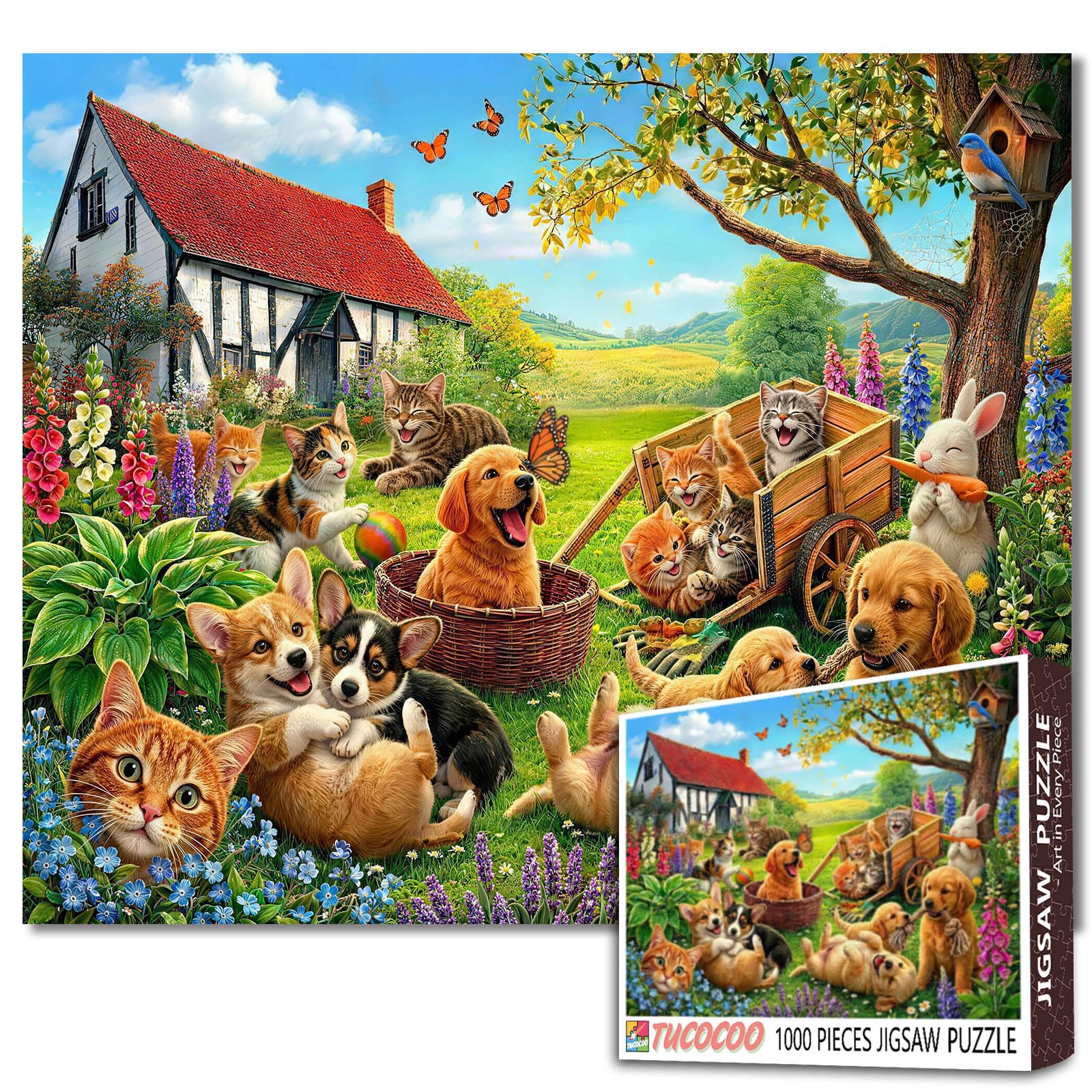 Cute Pets Puzzle 1000 Piece for Adults Puppies and Kittens in Garden Farm Scene Jigsaw Puzzle Colorful Flowers Countryside Puzzles 19.7 x 27.6 Inch Fun Challenging Gift for Animal Lovers Home Decor โ image 1