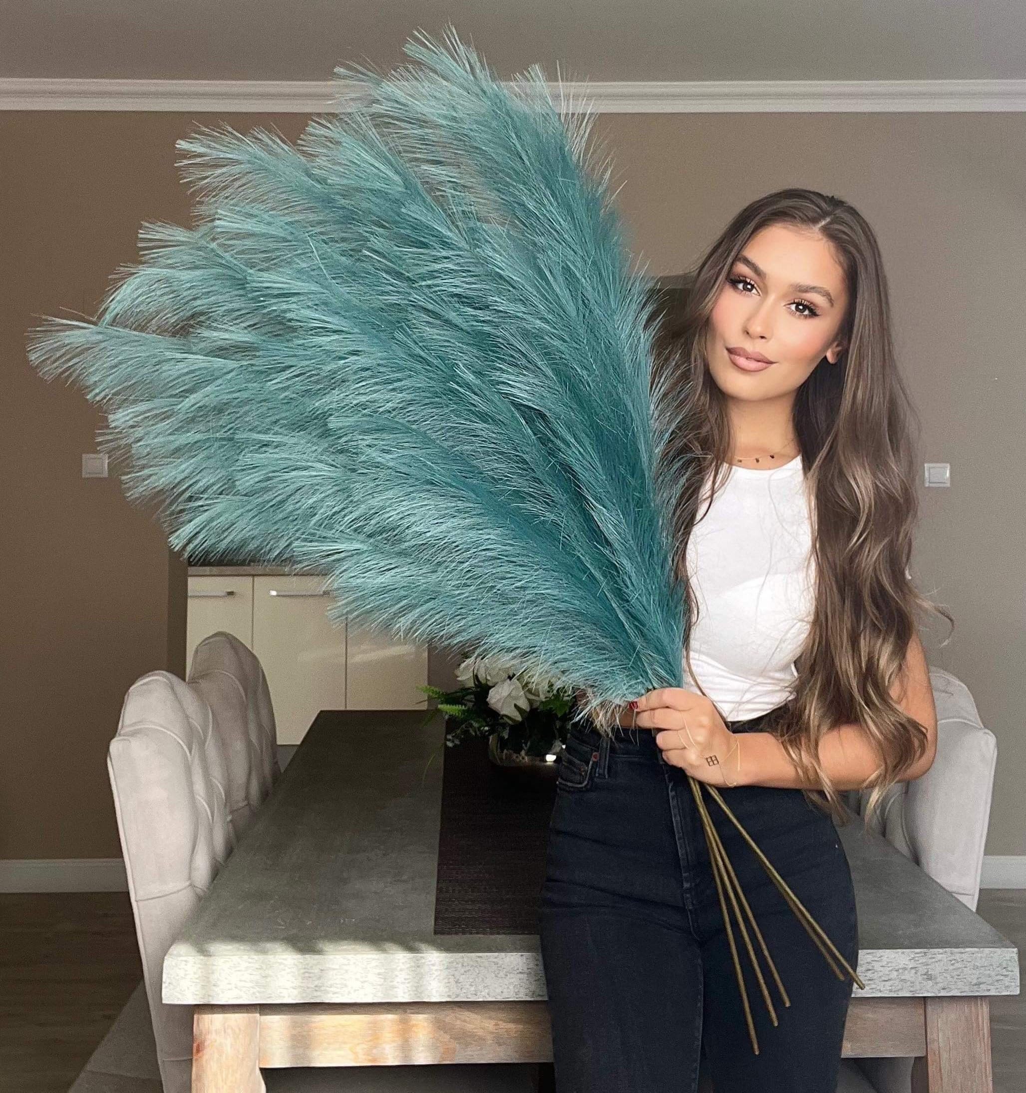 Pampa artificial de pavo real extra grande, 3 tallos de 115 cm, 18 plumas artificiales decorativas para jarrones de suelo, plantas de pavo real, flores largas de pampas, P-01