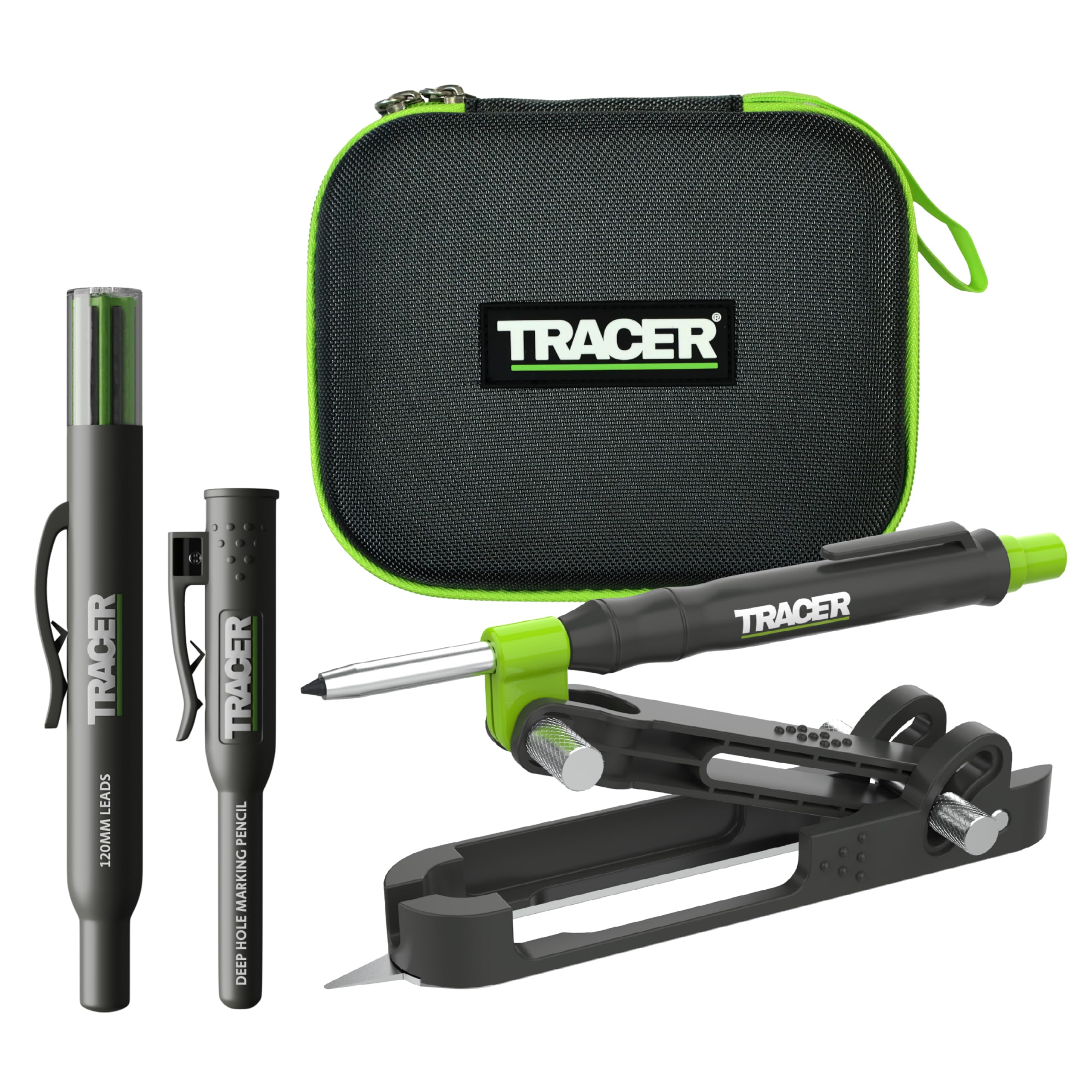 Tracer ProScribe Anreißwerkzeug Set – Multifunktions-Ritzgerät mit Tieflochmarker, 6 Ersatzminenhalter & Tasche | 15 Markieranwendungen | Anreißgerät für Holz, Fliesen & Metall