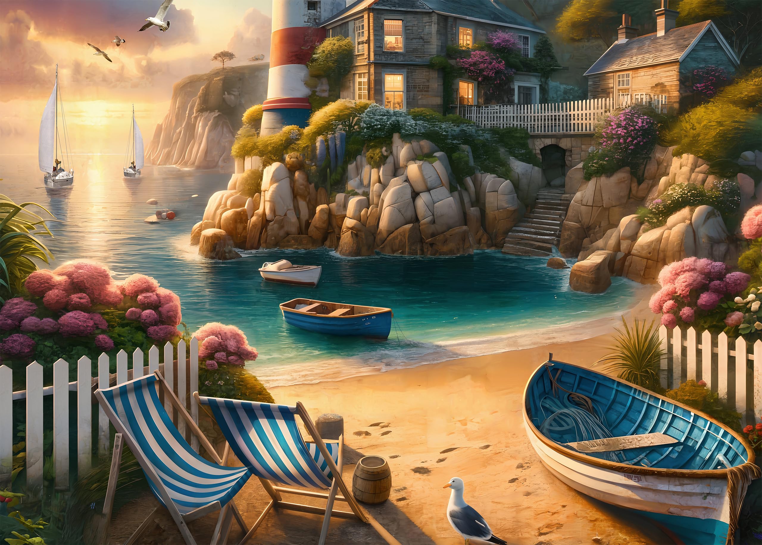 Rocorose 1000 Piece Puzzle, Lighthouse Coast Adults Jigsaw Puzzles, Beach Sunrise Sunset Landscape Puzzles Challenging Family Game