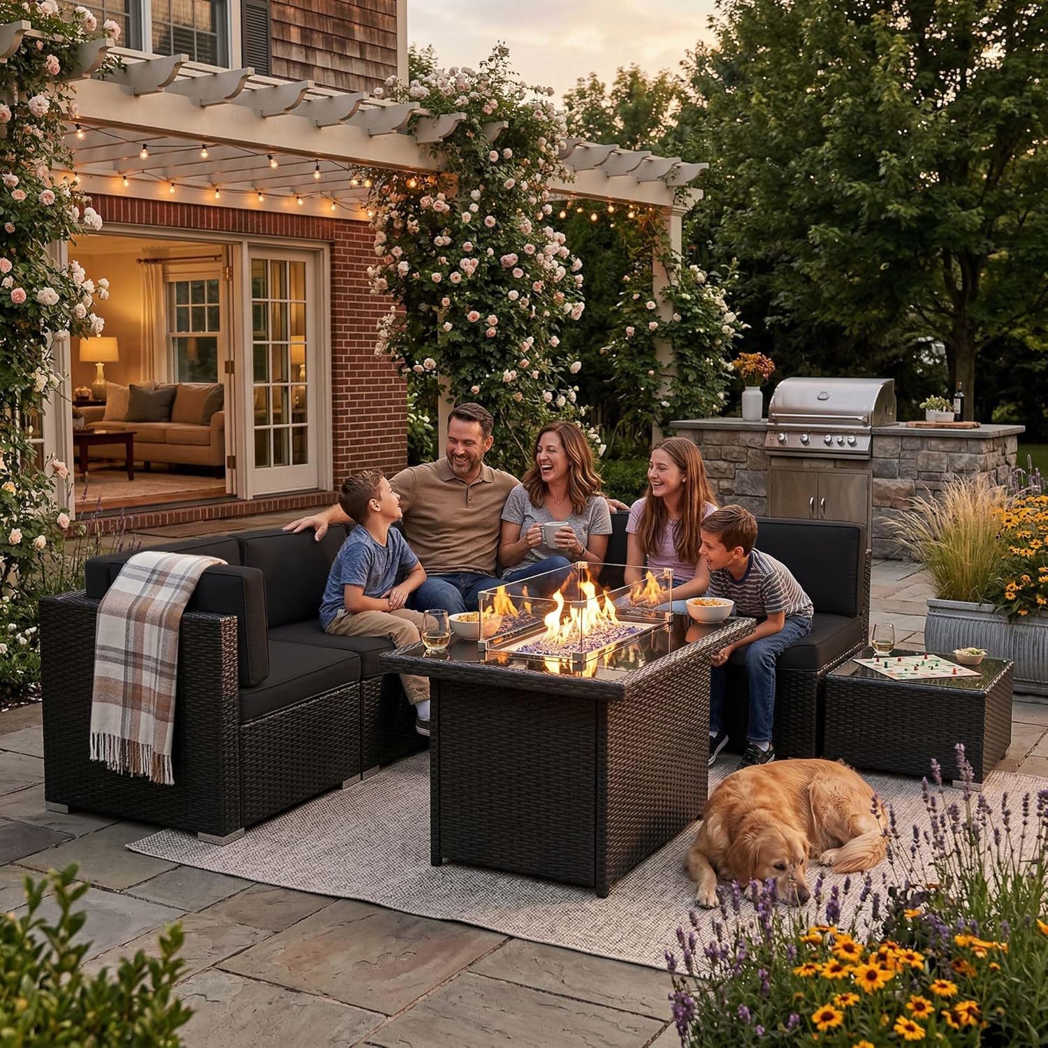 8 Pieces Patio Furniture Set with 44" Propane Gas Fire Pit Table, Outdoor Sectional Wicker Conversation Sofa Sets with Coffee Table