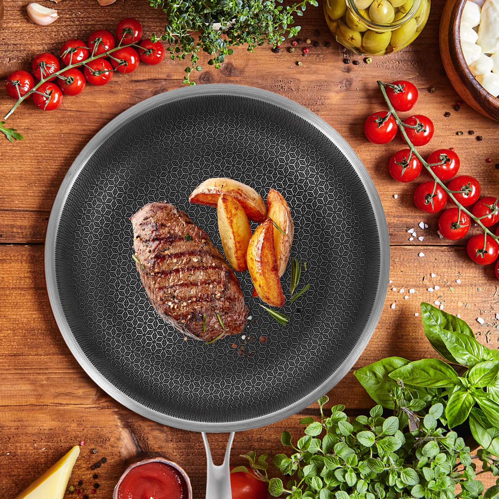 Toyvian Wok da Cucina in Acciaio Inox Rivestimento Antiaderente e Manico Ergonomico, Wok Semplice e Facile da Pulire per Grigliare Verdure e Bistecche