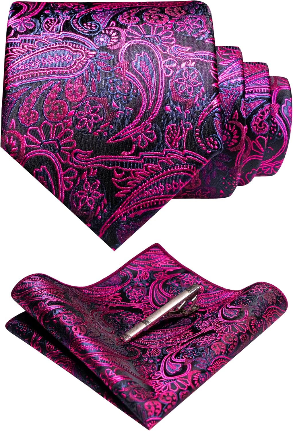 RBOCOTT Mens Paisley Tie and Pocket Square With Tie Clip Set for Business Wedding
