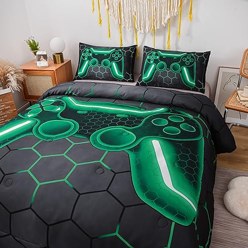 Miniatura 2 de NTBED Juego de edredón de consola de videojuegos para niños y niñas, juegos de ropa de cama geométricos de microfibra ligera (verde, tamaño