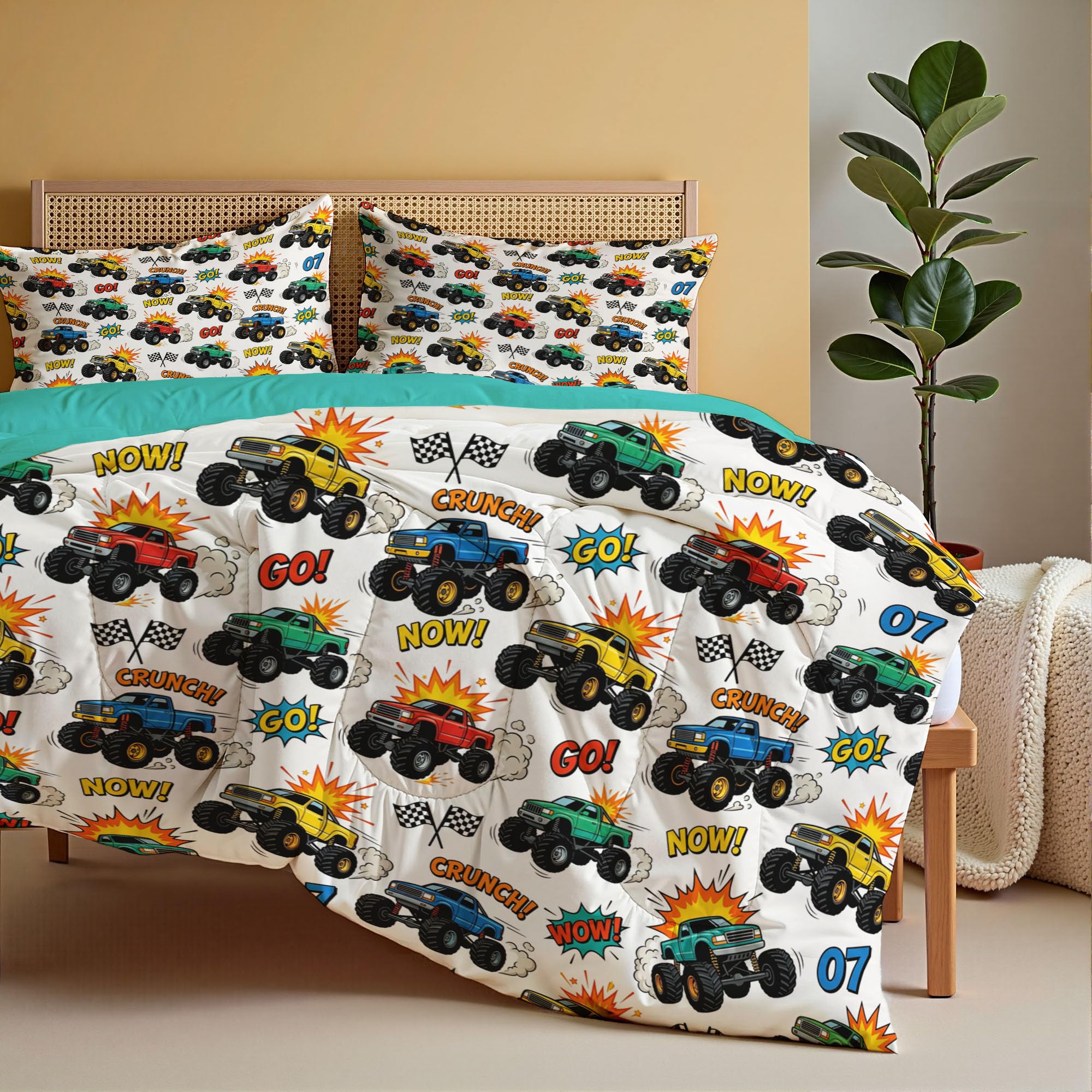Juego de Edredón Infantil 200x200cm con Almohada para Cama 105 – Relleno Nórdico Vehículo Todoterreno Bigfoot Edredones Estilo Callejero Americano 4 Estaciones Nórdico Conforter, Azul Verdoso