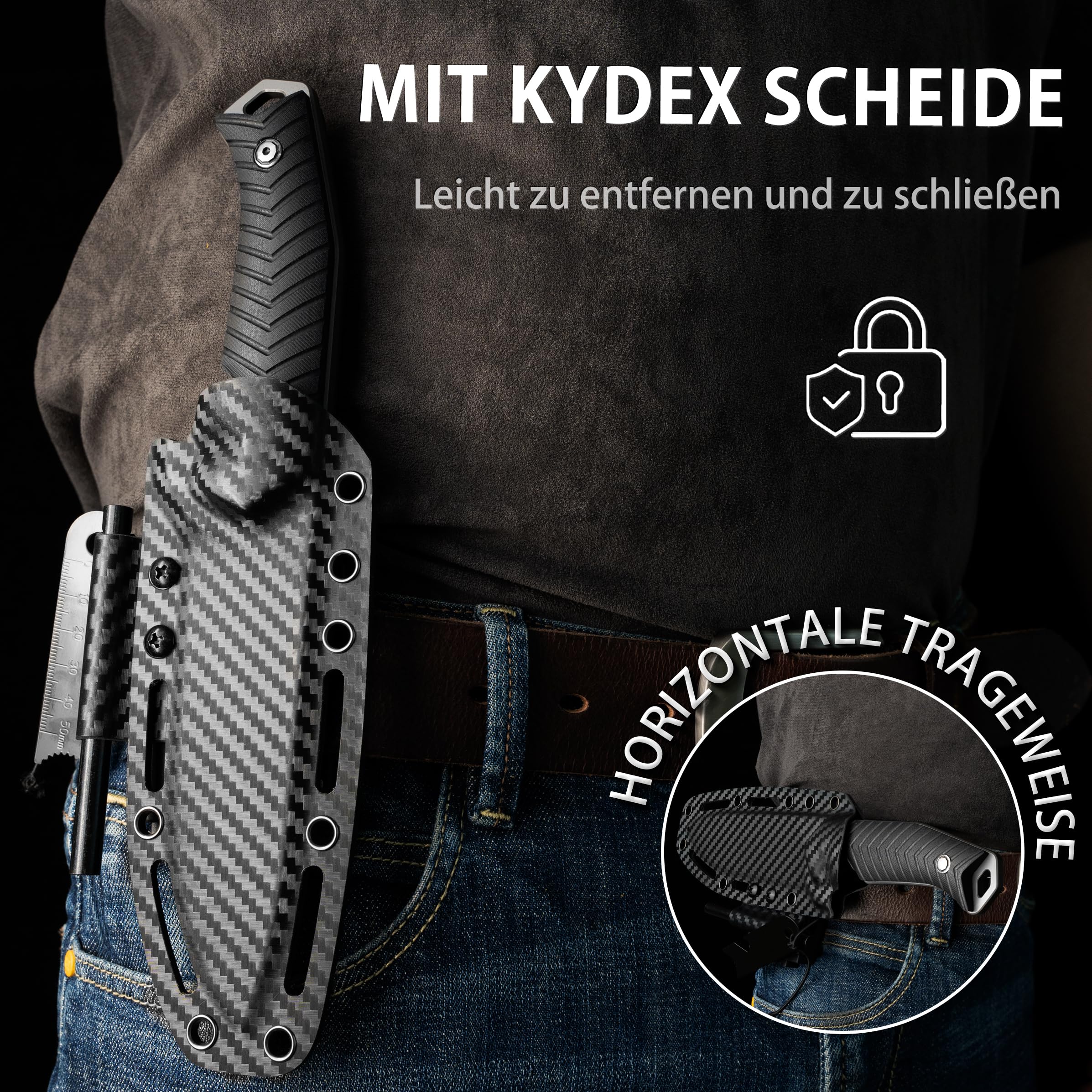 LOTHAR BAT Cuchillos de Hoja Fija, Couteau D'extérieur de Survie en Acier D2 avec Poignée en G10 et Étui Kydex, Idéal pour les Amateurs de Couteaux de Chasse en Plein Air