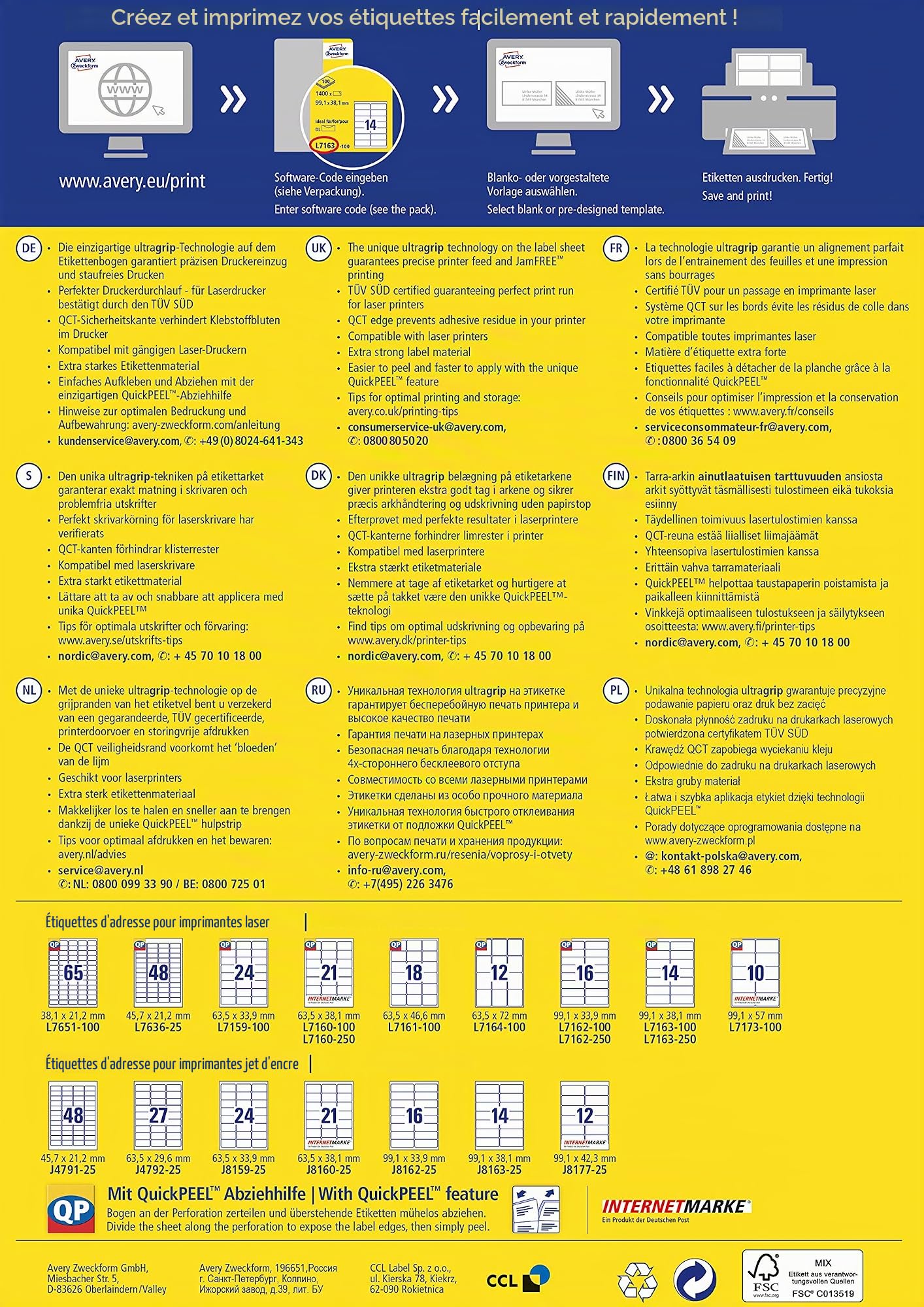 Avery zweckform l 7164–100, d'étiquettes 63,5 x 72 mm, 100 feuilles/1200 étiquettes blanc