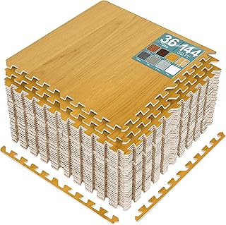 Sorbus 144 Sq. Ft. Wood Grain Floor Tiles Foam Mat EVA Interlocking Mats Tile 3/8-Inch Thick Flooring Wood Puzzle Exercise Mats w/Borders - Home Playroom Basement, Apartment, Trade Show, Baby, Dance