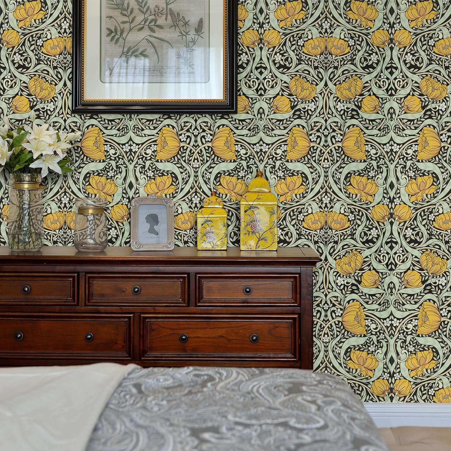 Yellow Boho Floral Wallpaper Peel and Stick Flowers Contact Paper 17.5"×118" - Mid Century Style William Morris Self Adhesive Vinyl Removable Wall Paper for Kitchen Bedroom Renter Friendly Home Decor