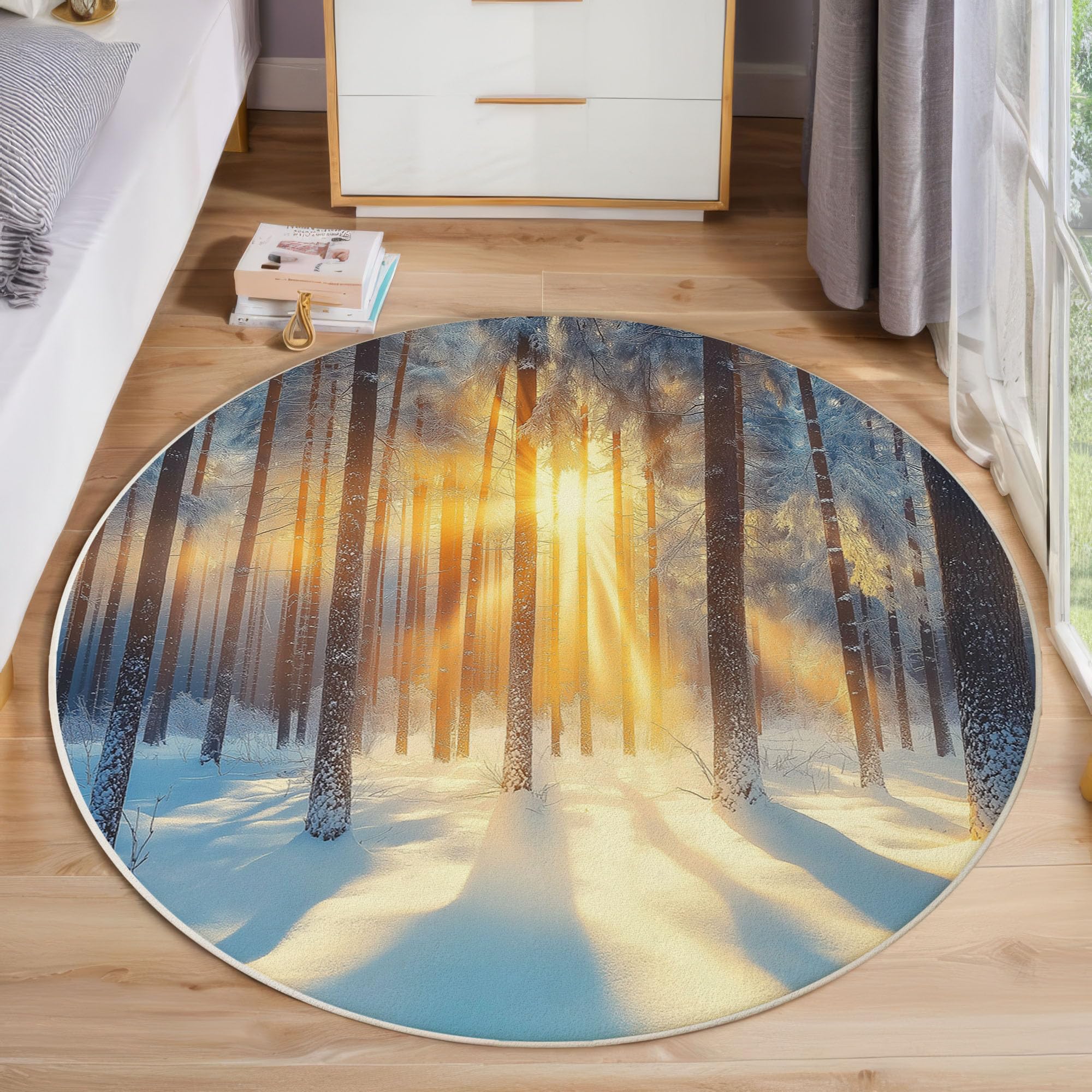 Tapis de chambre doux imprimé paysage d'hiver lavable en machine pour entrée