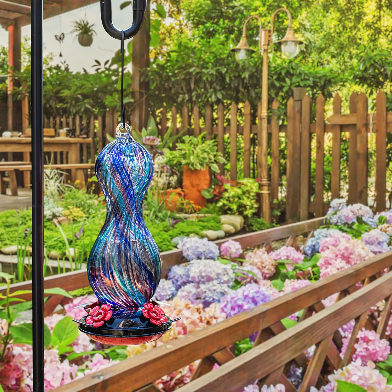 Hummingbird Feeder for Outdoors Hanging, Hand Blown Glass 24 OZ Capacity Hummingbird Bird Nectar Feeders with 4 Feeding Ports, Gifts for Women Mom Outside Garden Backyard Decor - Image 7