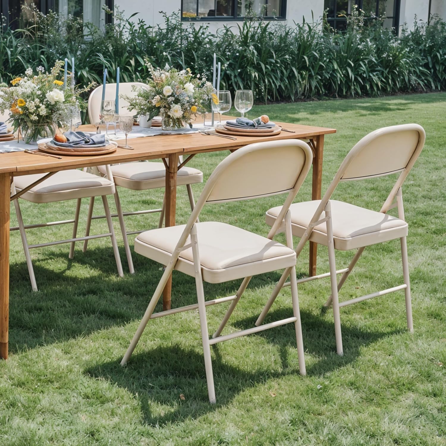 InfiniPower 2 Pack Folding Chairs with Leather Padded Cushion Seats & Durable Metal Frame, Comfortable, Foldable, Portable, Indoor Outdoor for Parties, Home, Office, Commercial Event Seat, Kahki