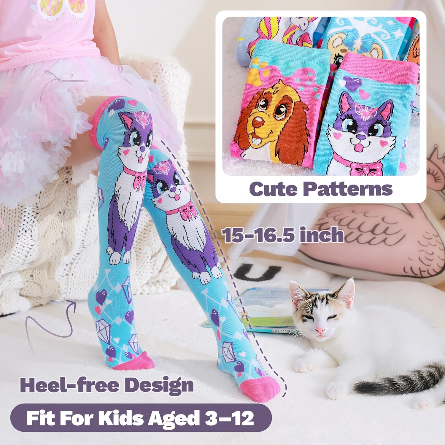 ANTSANG Kids Girls Knee High Socks Fashion Funny Crazy Stockings Gift Cute Novelty Long Boot Cotton Socks for Child 6 Pairs - Image 5
