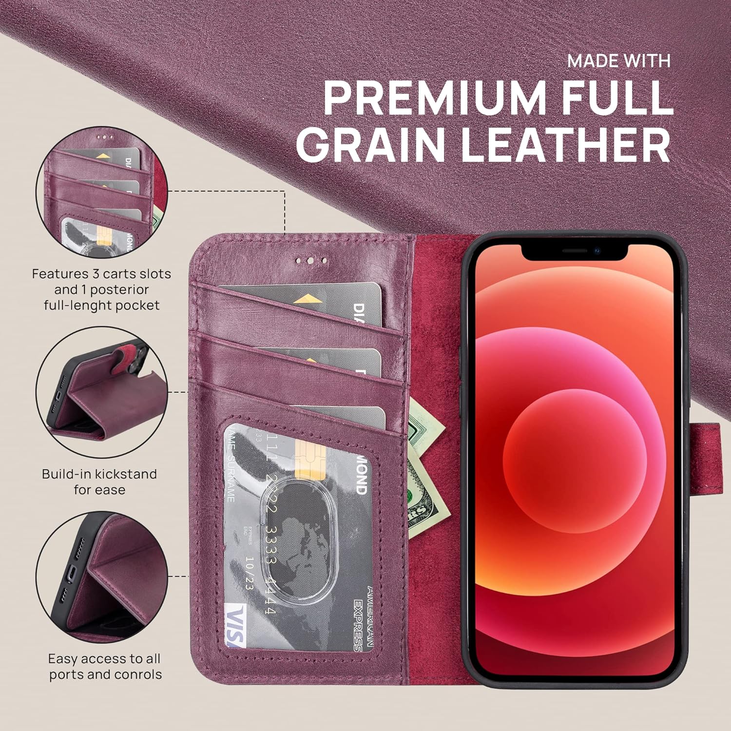 OXA Leather 2-in-1 Wallet Case Compatible with iPhone 13 Mini | Magnetic Detachable | Shockproof | RFID Blocking | Flip Case with Kickstand | Compatible with MagSafe | - Purple