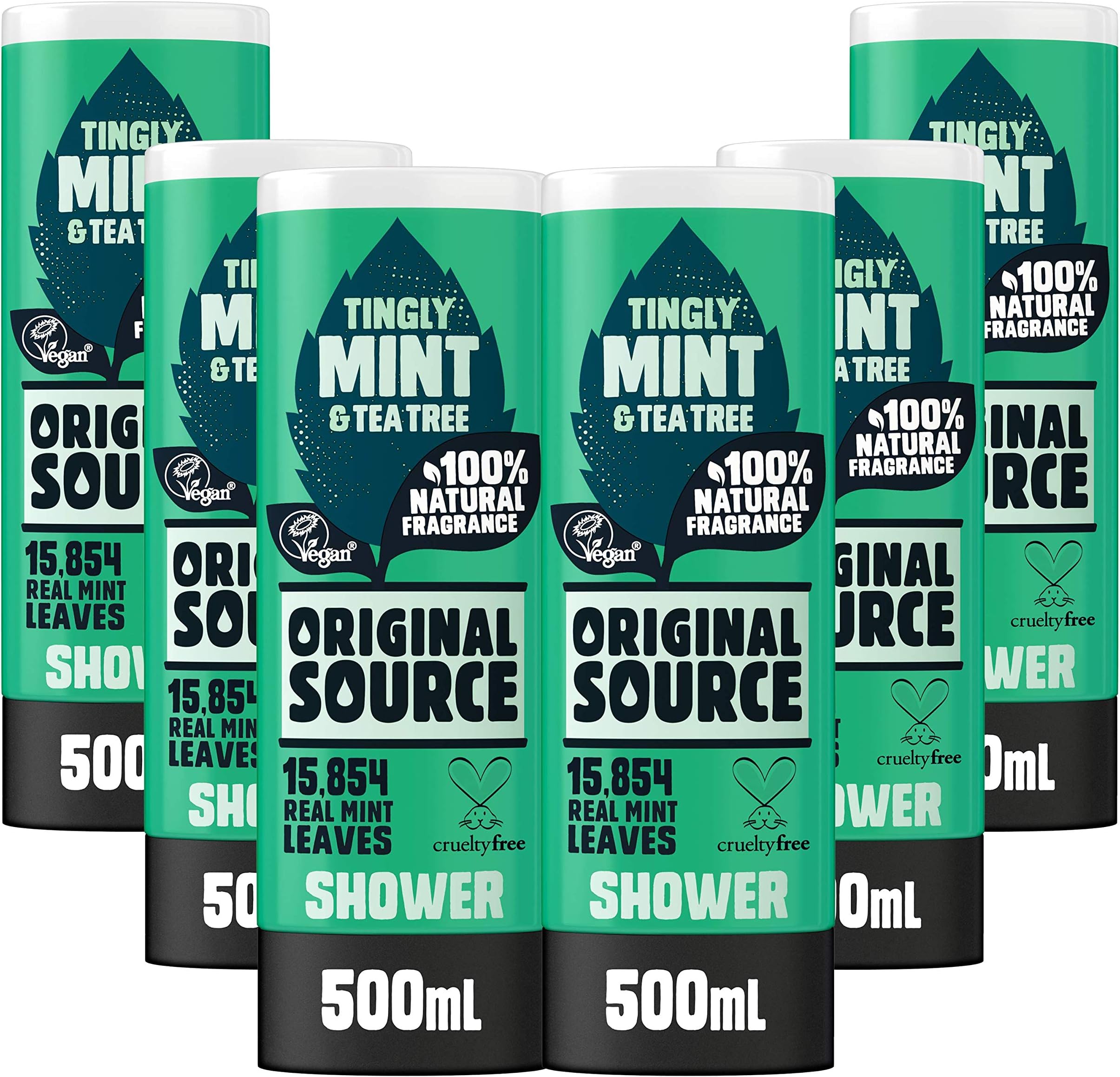 Original Source Mint & Tea Tree Shower Gel, 100 Percent Natural Fragrance, Vegan, Cruelty Free, Paraben Free, Bulk Buy, Pack of 6 x 500 ml