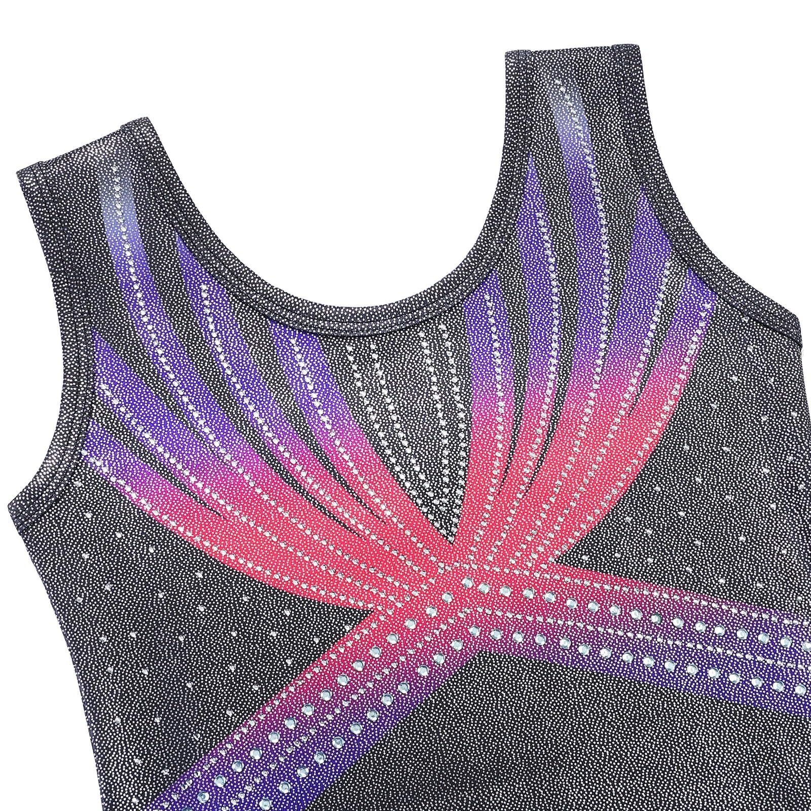 Maillot Gimnasia Ritmica niña Leotardo de Gimnasia sin Mangas for niñas Ropa de Baile de Ballet con Diamantes Brillantes Ropa de práctica de Bailarina Profesional(Black Lines,10A)