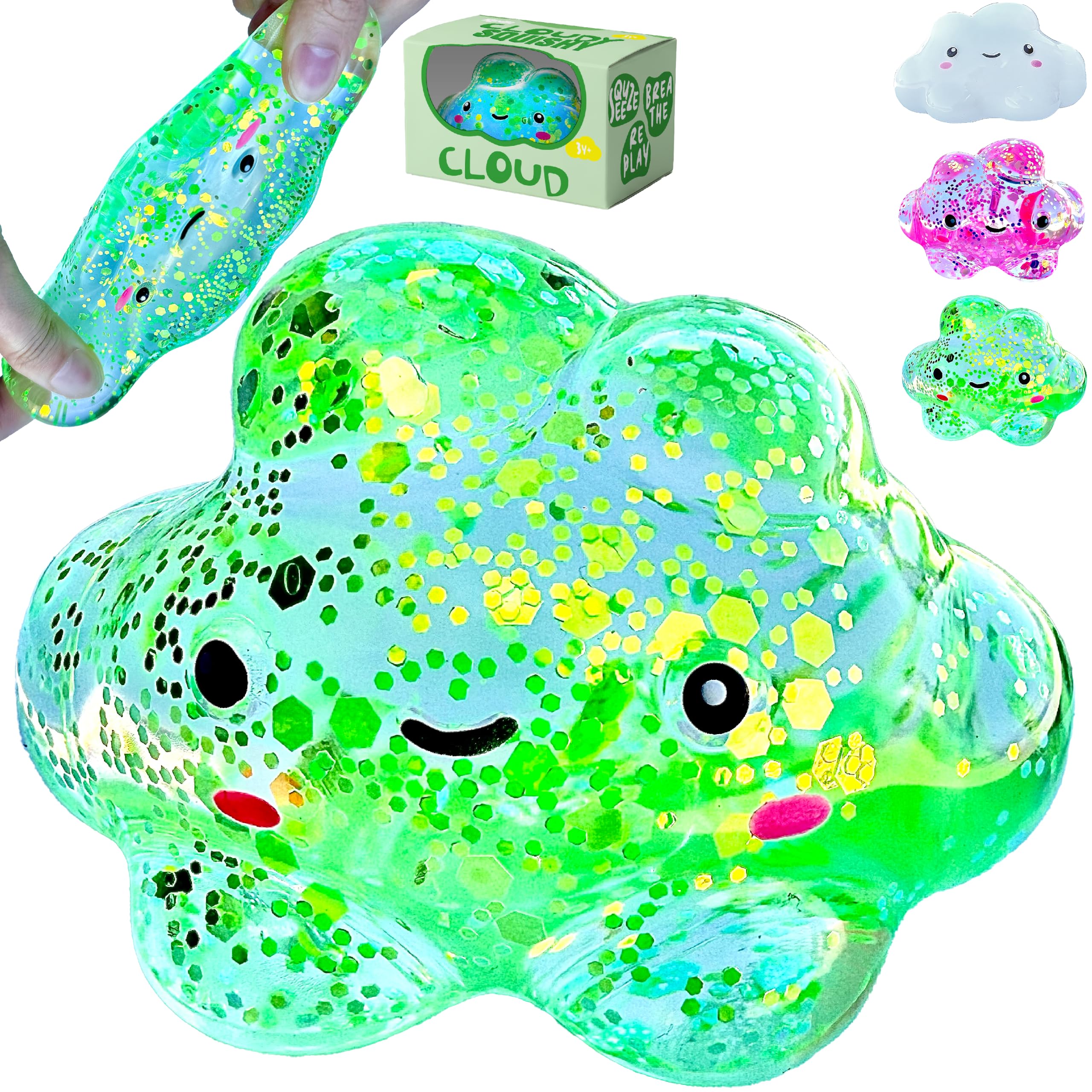 Kiedle Premium Cloud Stress Ball, Odor-Free Slow Rise Crystal Clear, Non-Toxic Cute Sensory Squishy Fidget Toy, Easy to Clean, Durable, Gift-Ready, Children Safety Certificate & ASTM Certified 3+