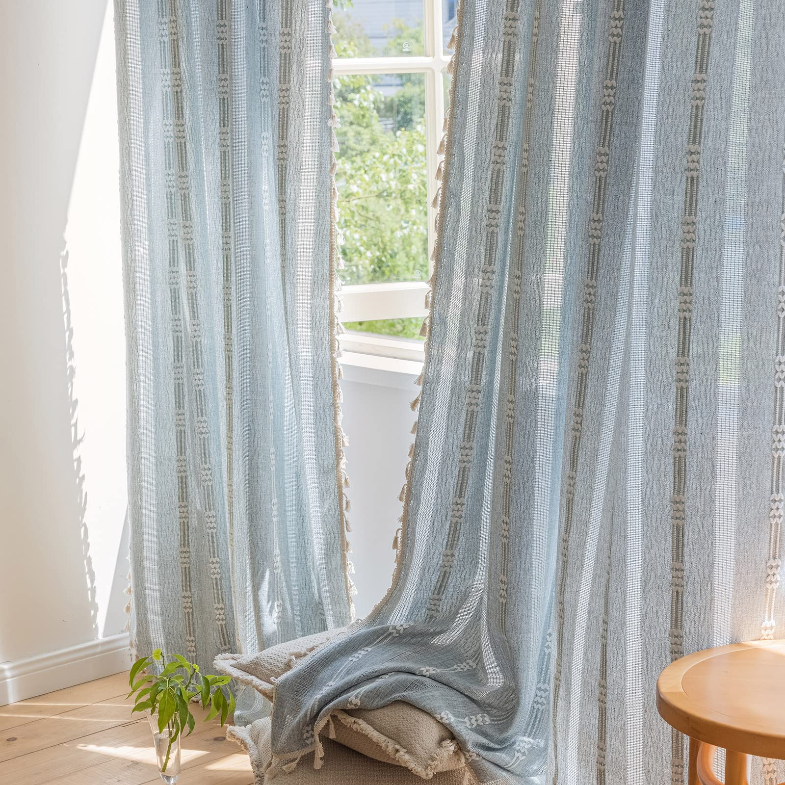 ENJOYBRIDAL Boho Curtains 63 Inch Length 2 Panels Semi Sheer Blue Grey Drapes Embroidered Tassel Rod Pocket Short Hollow Out Window Curtain Panels Farmhouse Window Treatment for Bedroom Living Room — image 1
