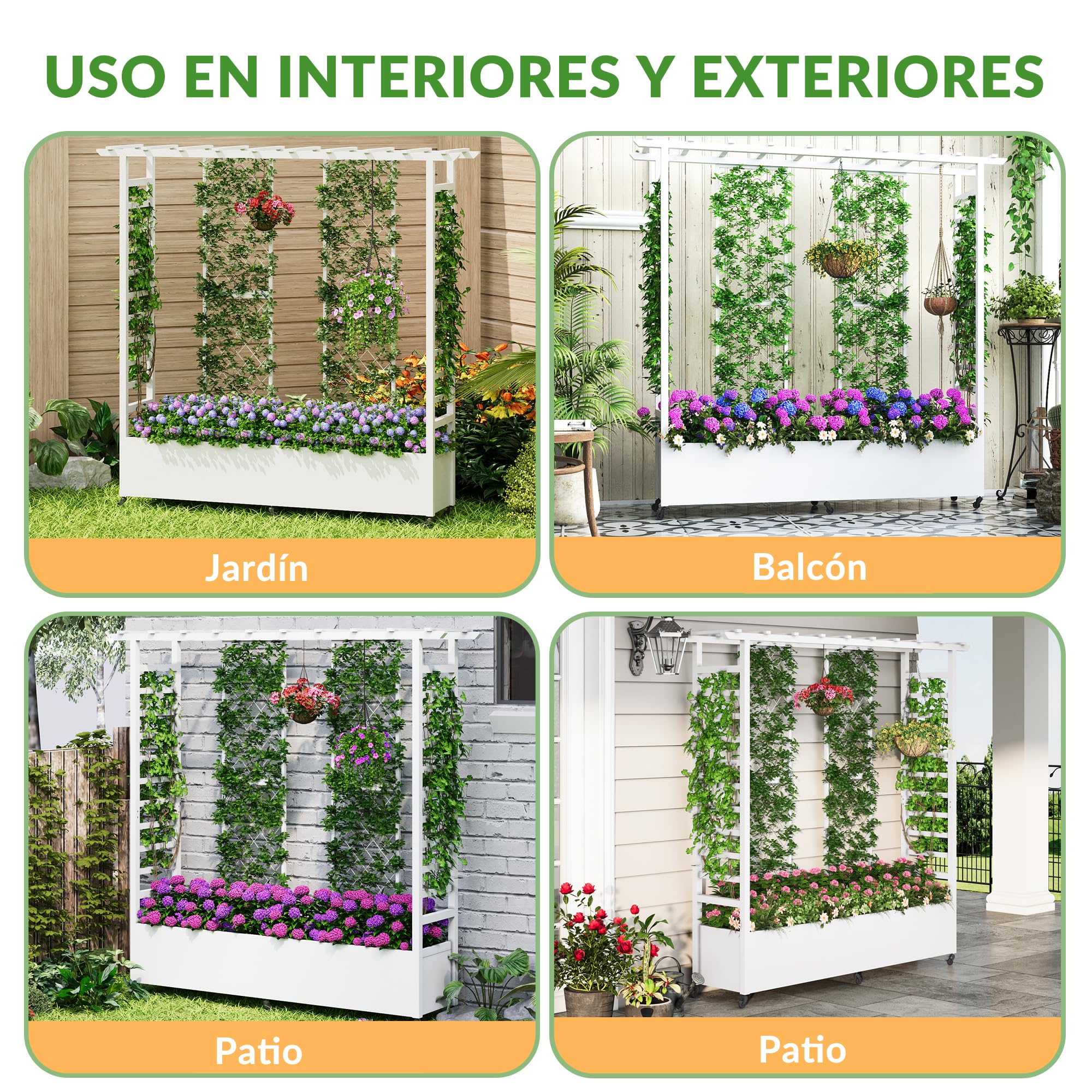 Jardinera elevada con enrejado y techo colgante, jardinera metálica resistente a la intemperie con 4 ruedas y 2 enrejados laterales para plantas trepadoras, mampara divisoria móvil para exteriores.
