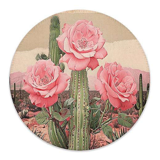 Pink Rose Floral Cactus Western Mouse Pad for Desk, Rustic Cactus Desert Southwestern Mousepad for Work Wireless Mouse Computers Laptop Desk Accessories, 7.9x7.9 Inch
