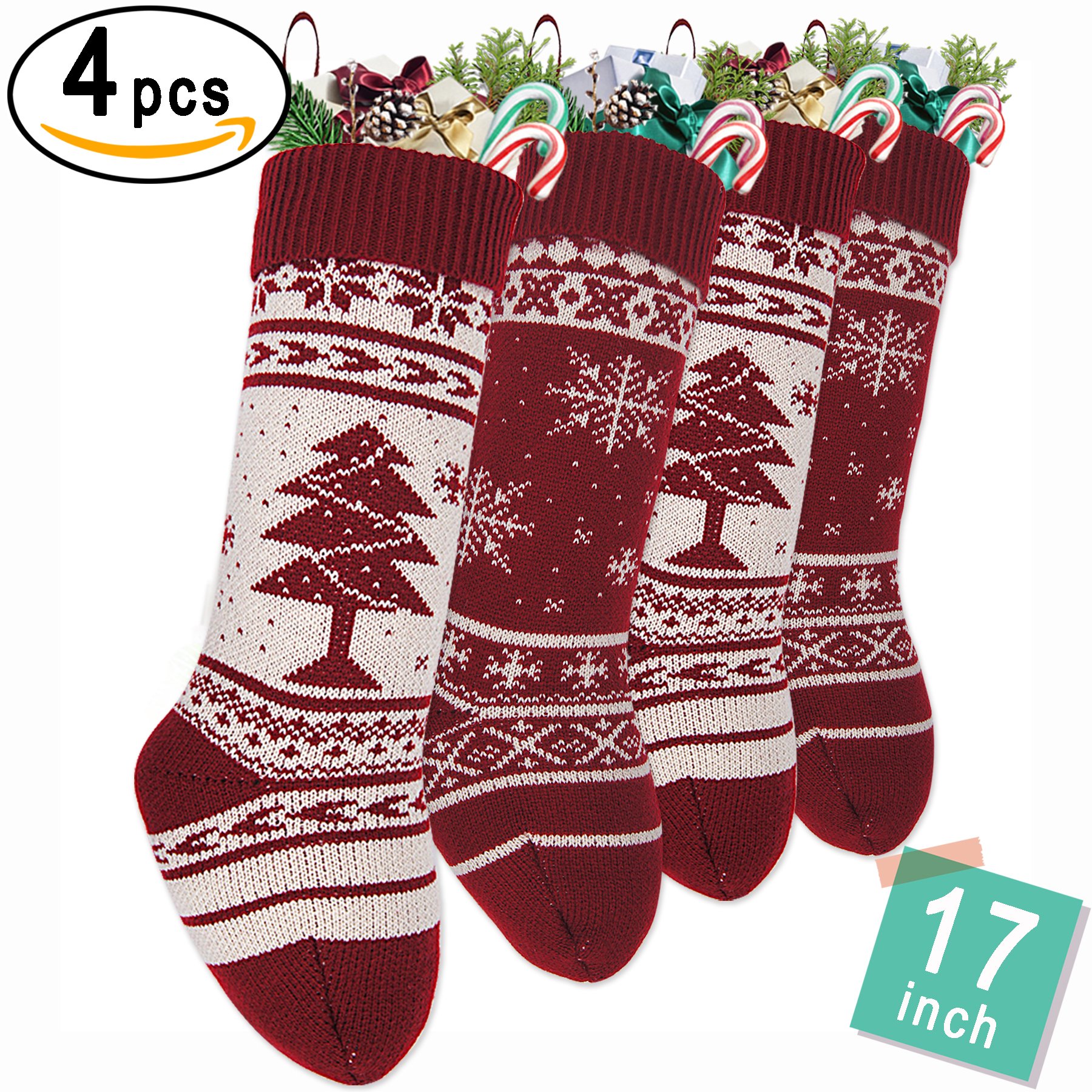 LimBridge 4 Pack 17" Large Knit Knitted Christmas Stockings, Classic Xmas Tree/Snowflake, Rustic Personalized Stocking Decorations for Family Holiday Season Decor