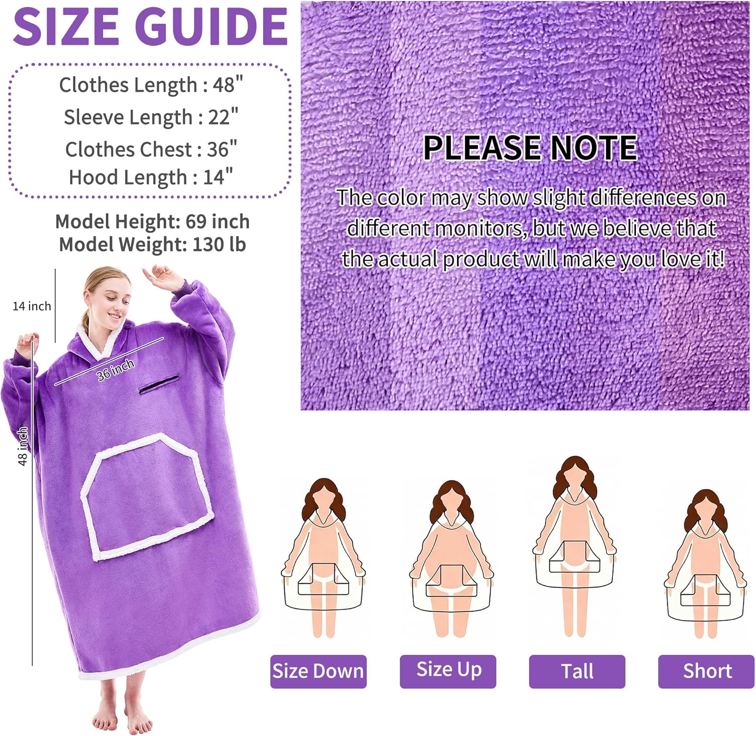 IFNOW Wearable Blanket Hoodie, Oversized Sherpa Fleece Hooded Sweatshirt with Eye Mask, Cozy and Giant Blanket Hoodie with Sleeves Extra Long for Adults Men Women, Purple - Image 5