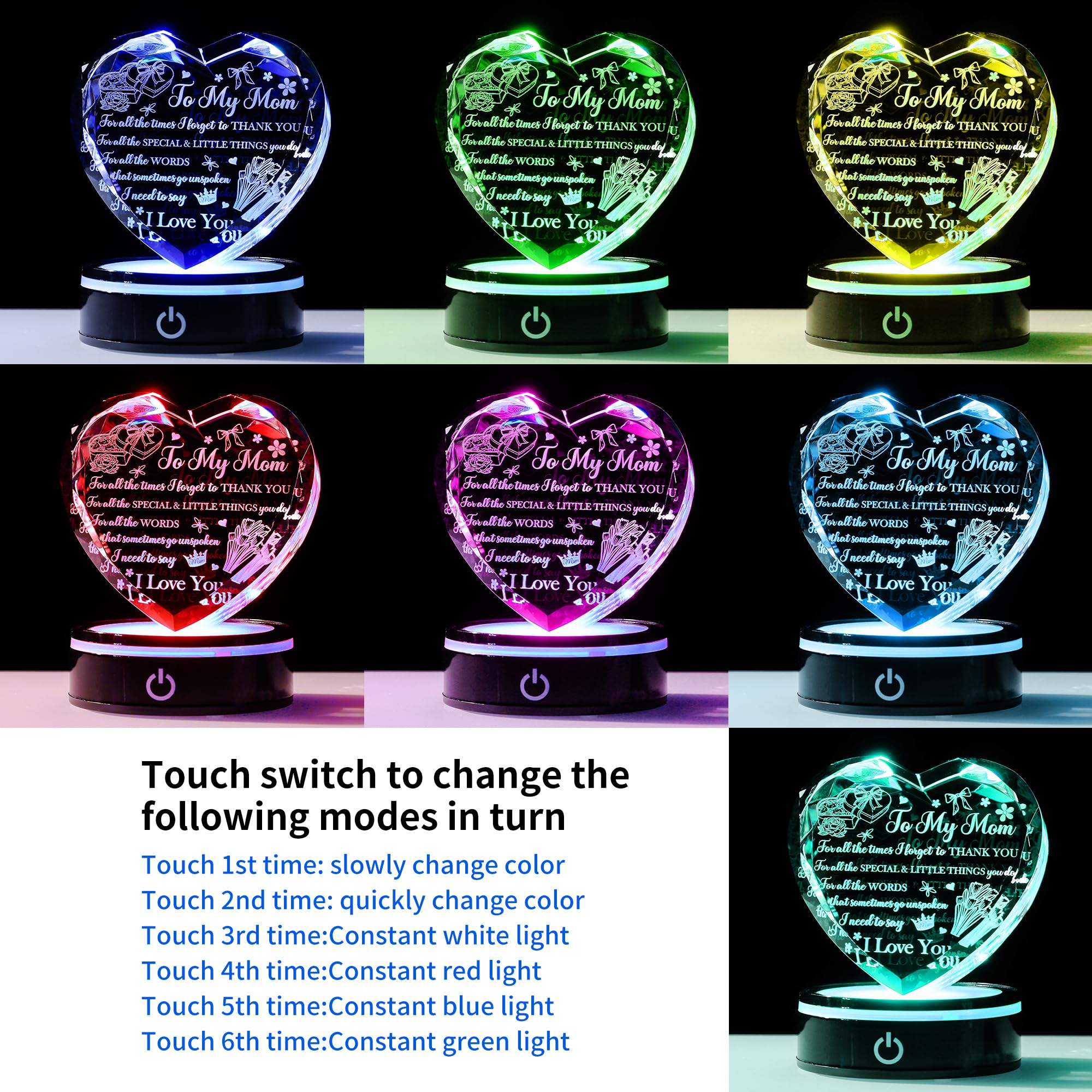 Regalo de corazón de cristal con base LED, mensaje grabado con láser «A Mother's Love is Forever», regalo significativo de cumpleaños, día de la madre de parte de su hija, hijo, recuerdo de