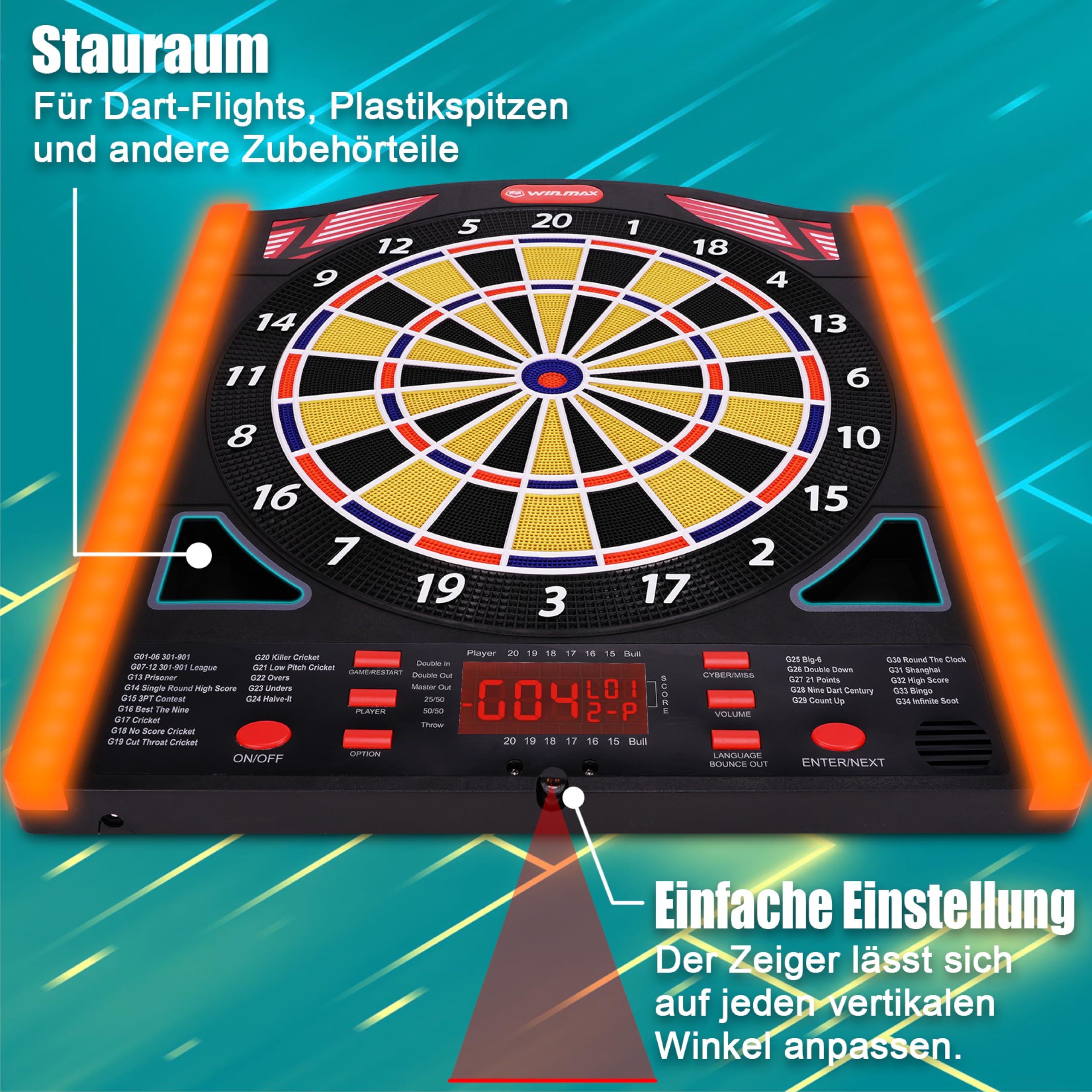 WIN.MAX Elektronische Dartscheibe Profi Set mit Laser Throw/Toe Line Marker mit Deutsche Stimme-Geeignet für Batterien/Adapter für 1 bis 8 Spieler mit 12 Darts