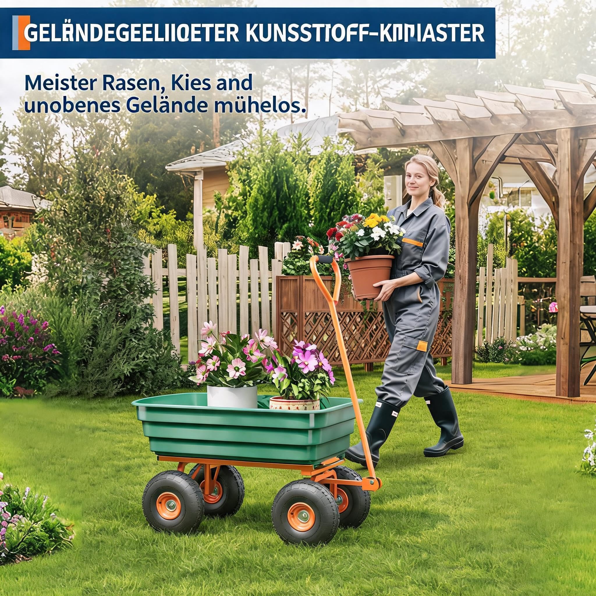 Garvee Gartenwagen, 104 x 58 x 105 cm, grün | Rostfestes Polyethylen, 272 KG Tragfähigkeit, Transportwagen für Garten, Hof und Lager