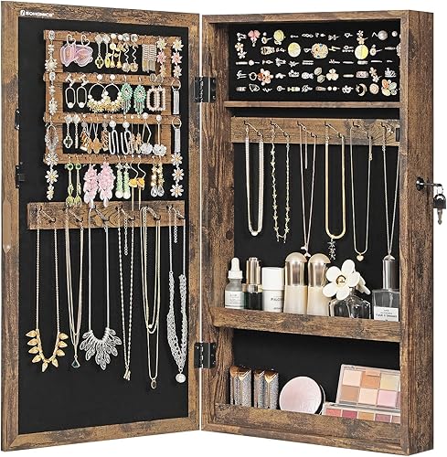 Miniatura 3 de SONGMICS Armario de joyería con cerradura con espejo, organizador de almacenamiento de joyas para ahorrar espacio montado en la pared, color marrón