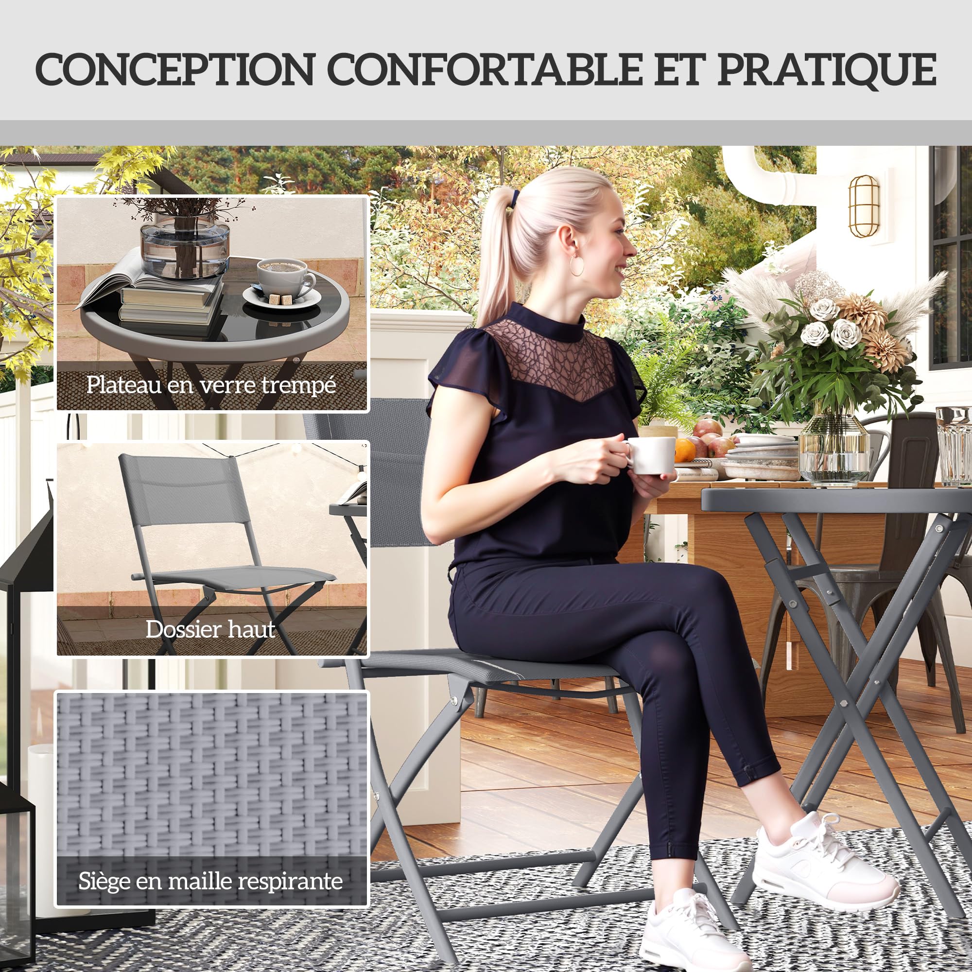 Outsunny Ensemble de bistrot 3 pièces Pliable en métal, 2 chaises et 1 Table Ronde, Salon de Jardin extérieur 2 Personnes, Table de Jardin extérieur avec chaises pour Jardin, terrasse, Balcon, Gris