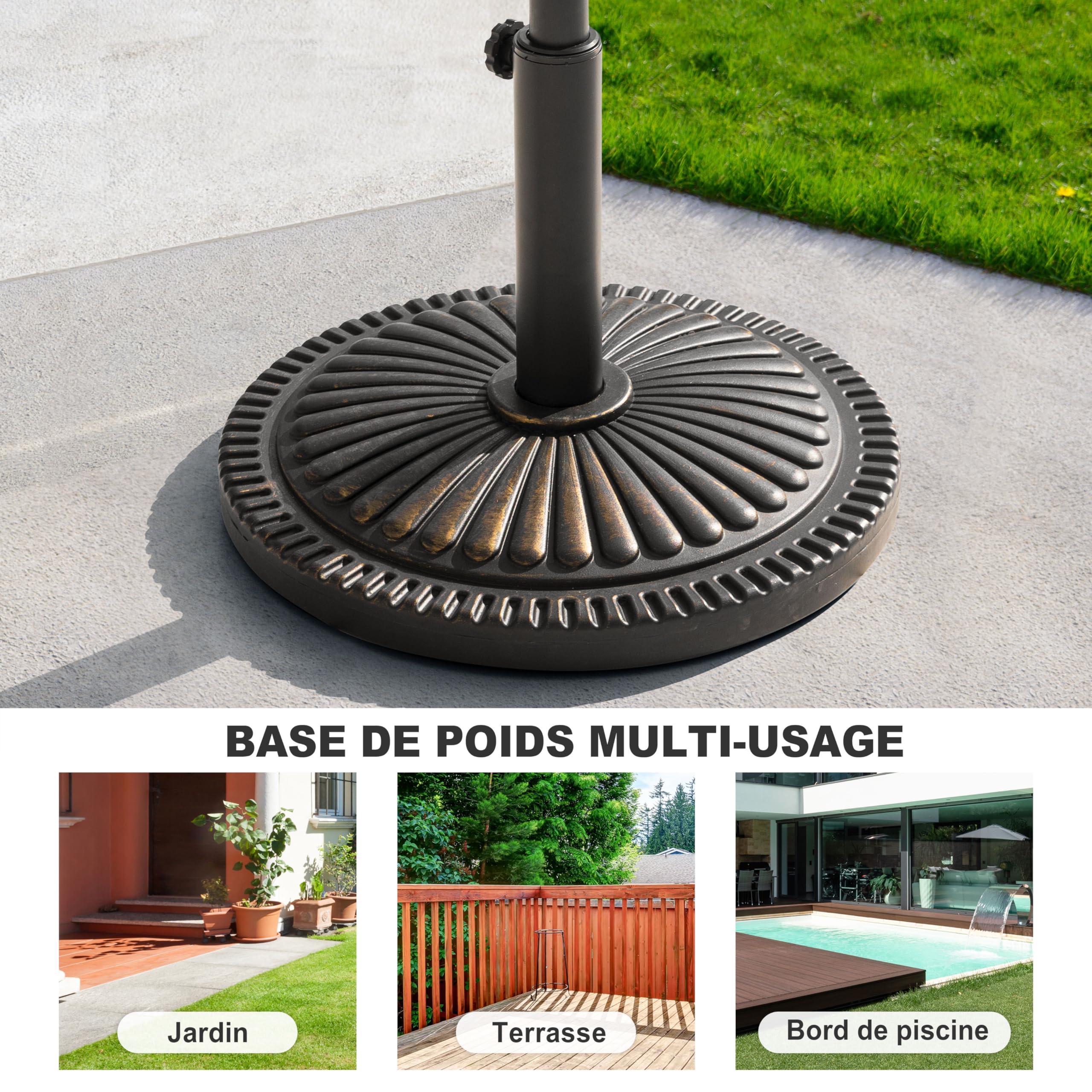 Avestar 15 kg Pied de Parasol Rond pour l'Extérieur, Socle Lesté avec Bouton Rotatif pour Mâts de Parasol Ø38-48 mm, Adapté pour Le Jardin, la Terrasse, Noir avec Bord Doré